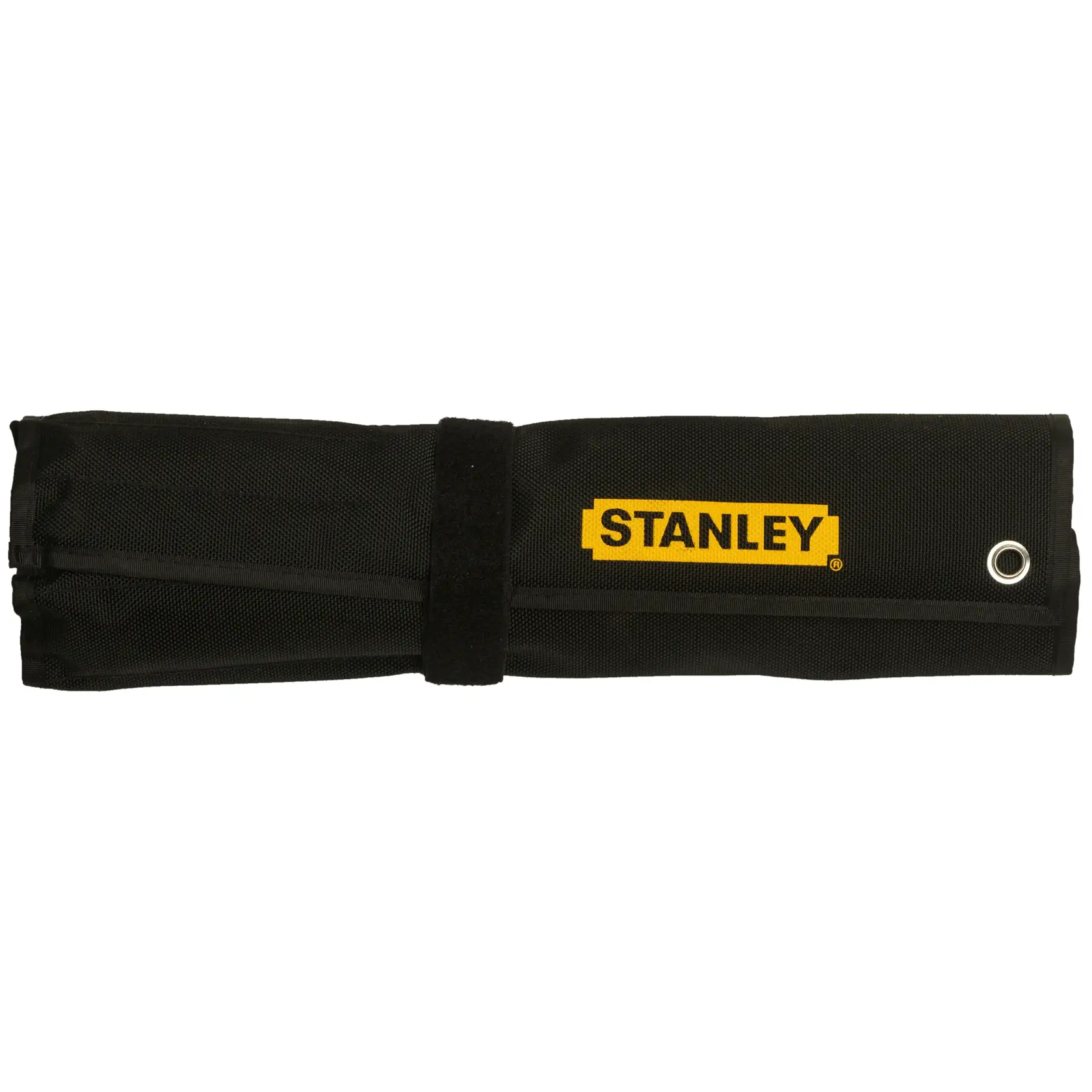 STANLEY 1-87-038 black tool roll with yellow logo, closed, front angle on white background.