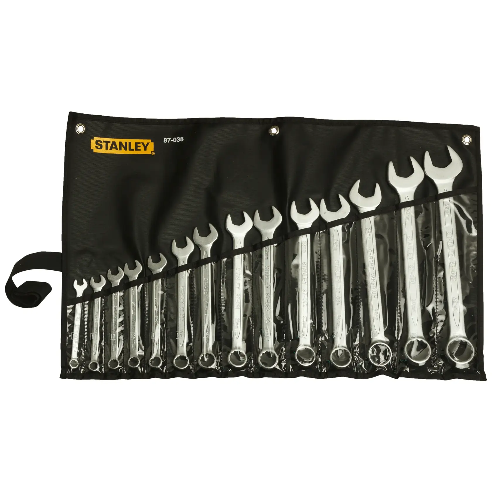 STANLEY 1-87-038 combination wrench set in a black roll-up pouch, top view, showing multiple wrench sizes.