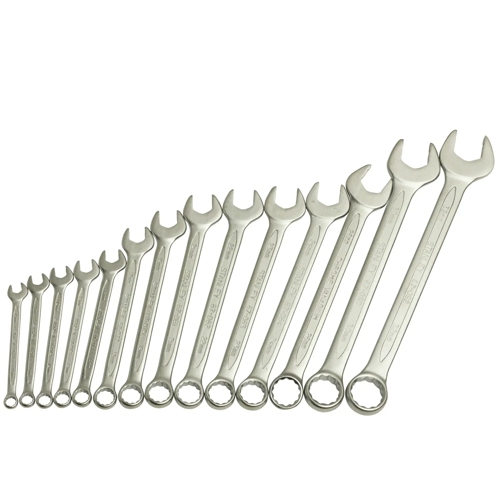STANLEY 1-87-038 photography of silver combination wrench set, 14 pieces, angled view on white background.