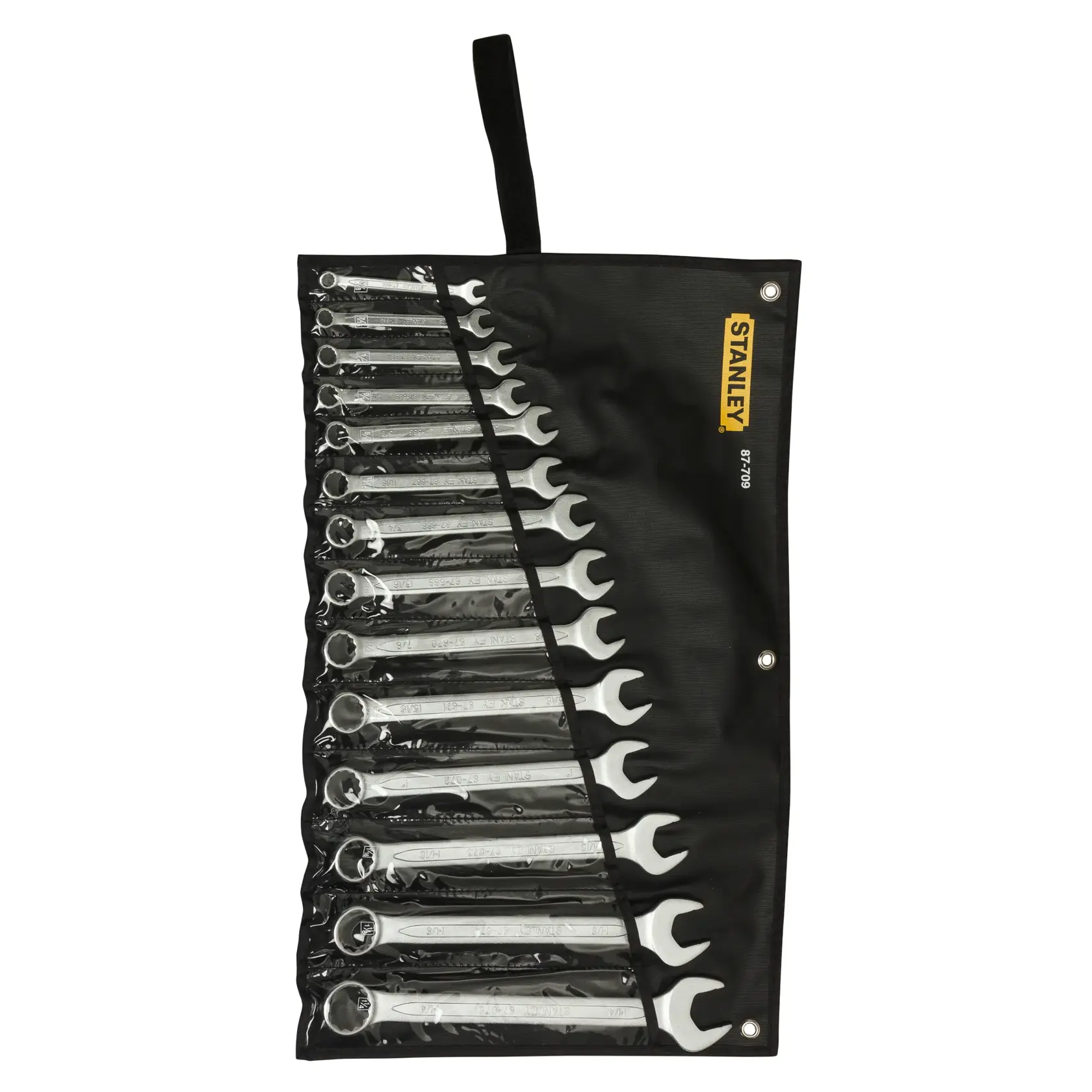 STANLEY 1-87-709 wrench set with 12 pieces in a black roll-up pouch, top view.
