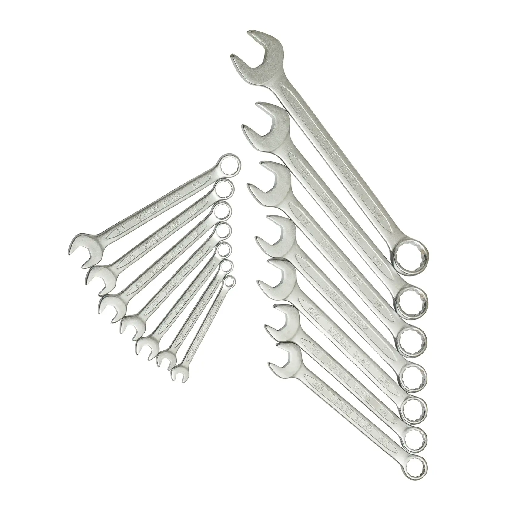 STANLEY 1-87-709 combination wrench set, 12 silver wrenches, top flat lay on white background.