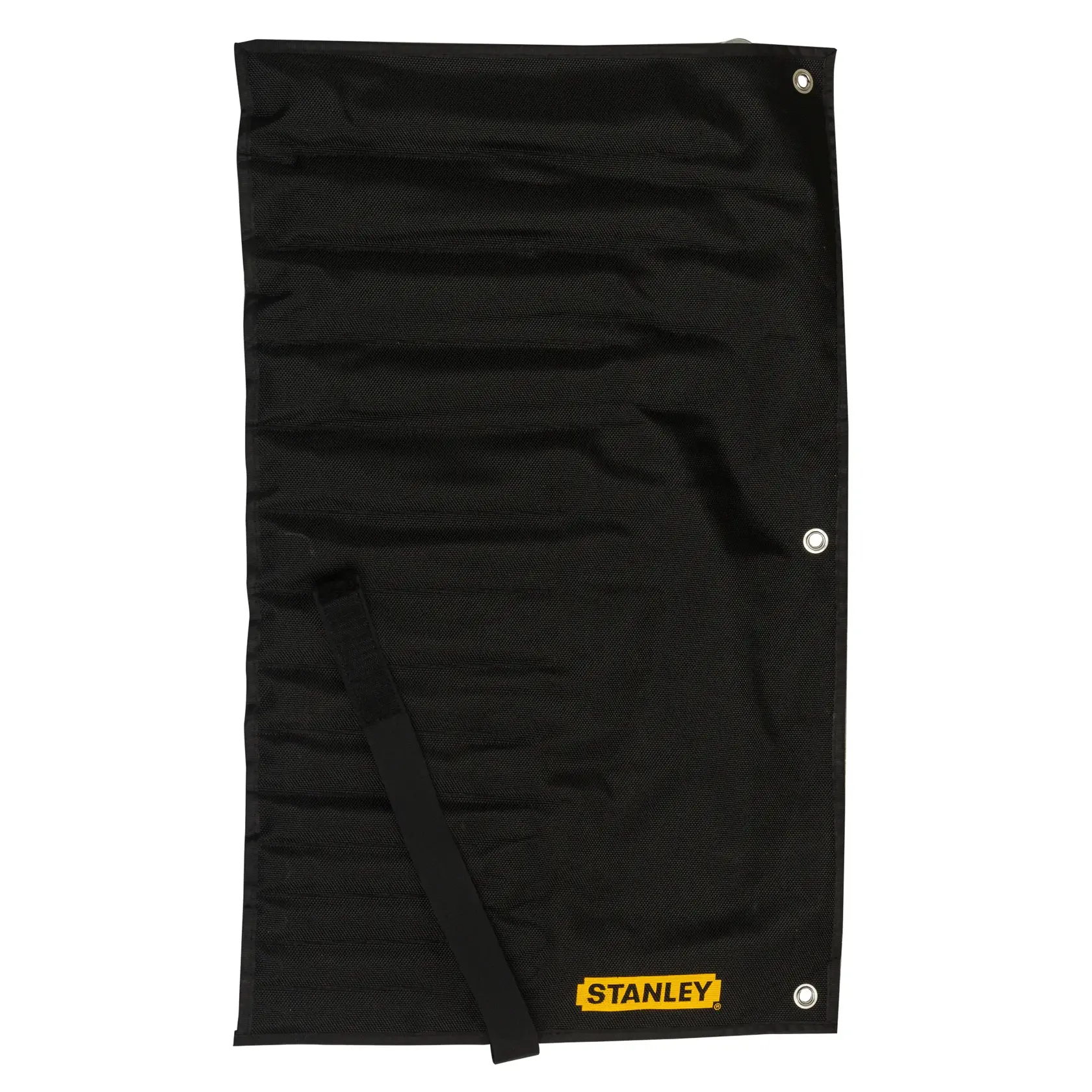 STANLEY 1-87-709 black fabric tool roll with grommets and logo, top-down view, photography.