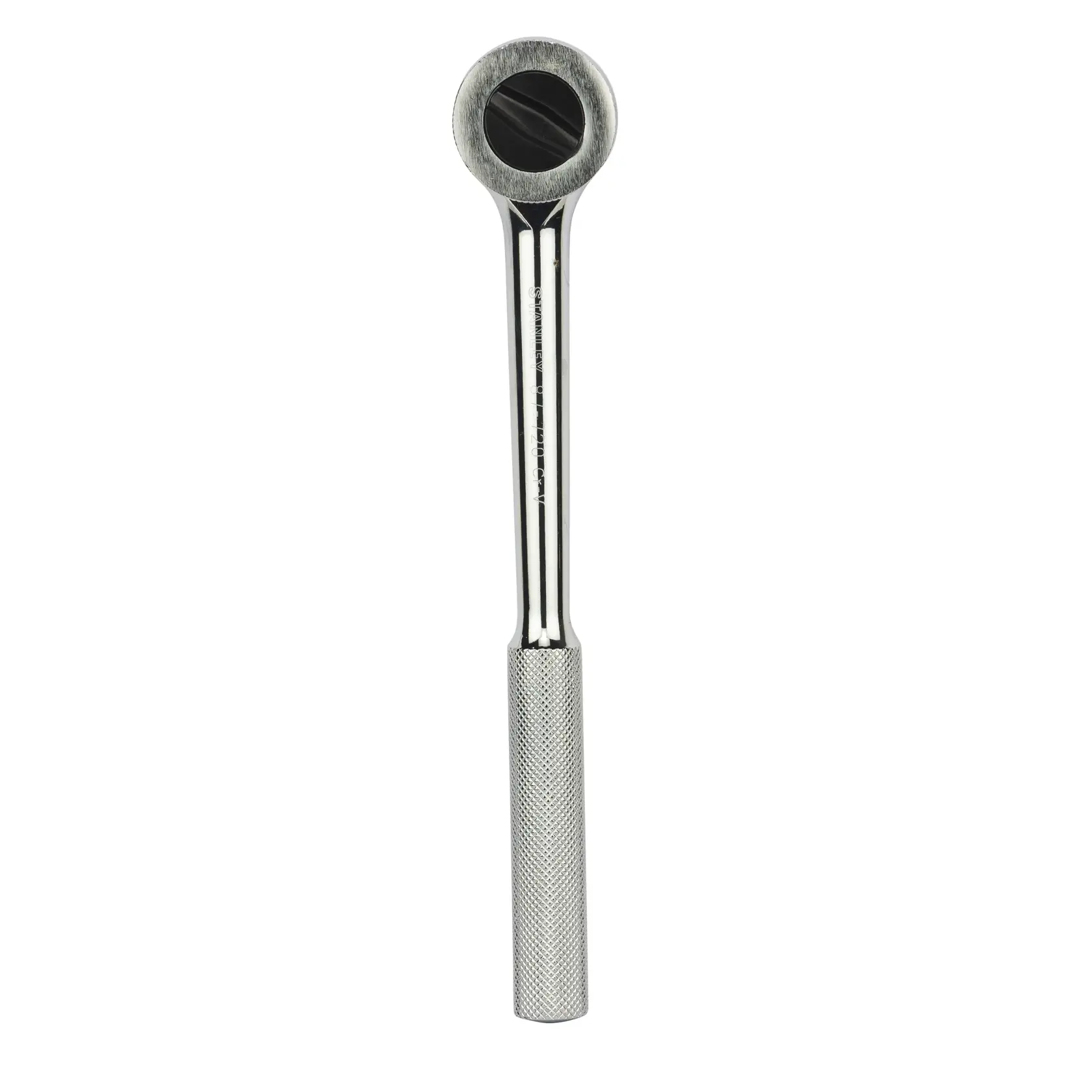 STANLEY 1-87-720 ratchet wrench with knurled handle, chrome finish, tool category, front angle on white background.
