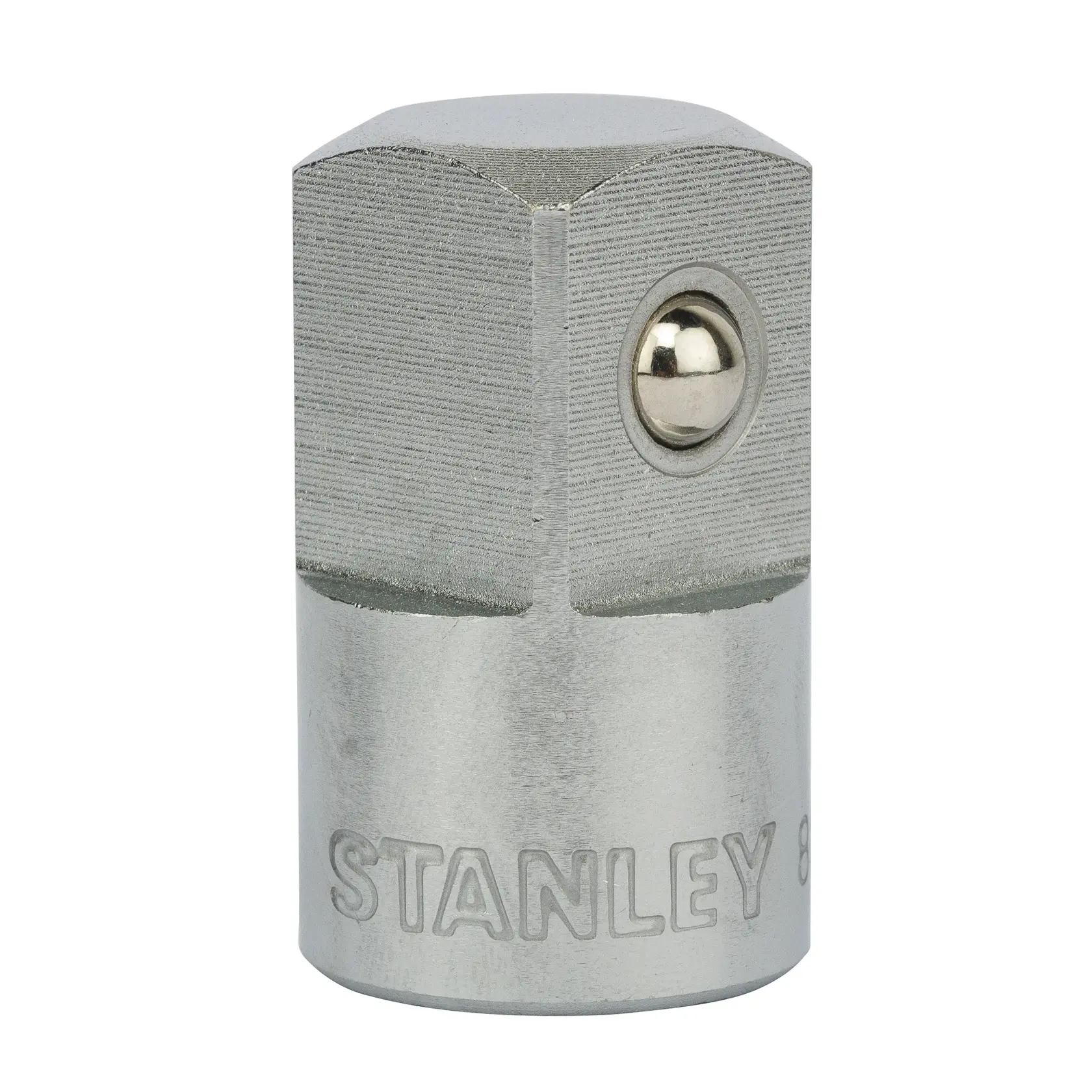 STANLEY 1-88-558 socket adapter, silver metal, front angle on white background, tool accessory.