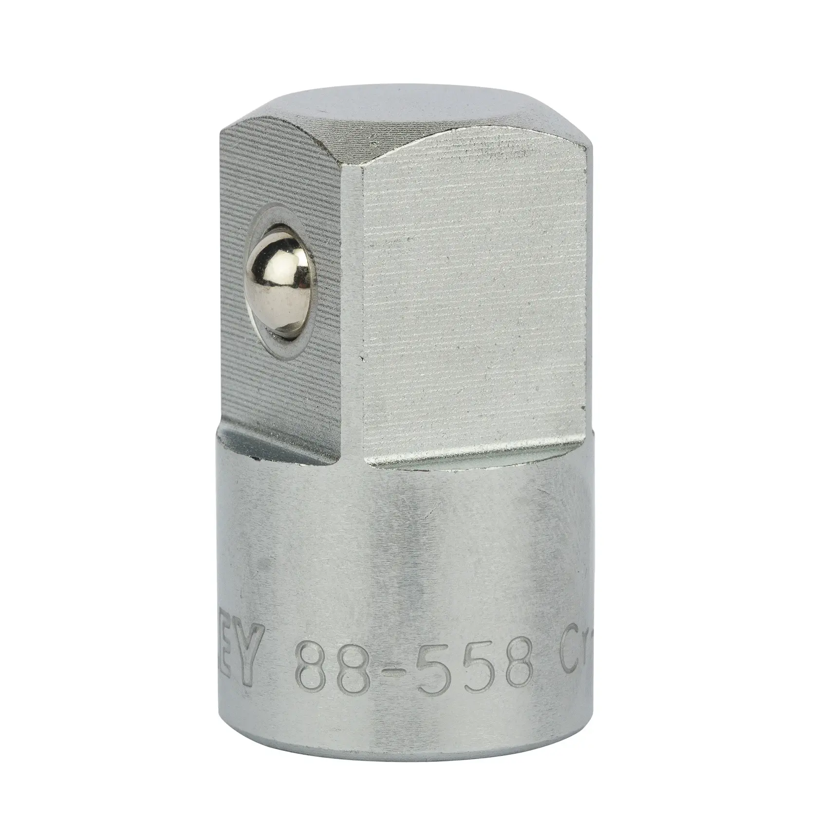 STANLEY 1-88-558 socket adapter, silver metal, close-up on white background.