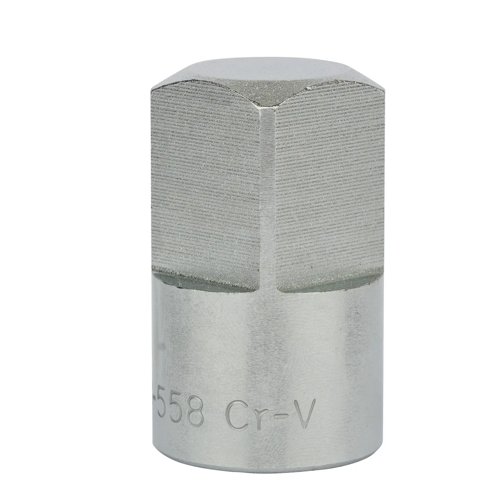 STANLEY 1-88-558 chrome hex socket, cylindrical shape, product photography, front angle on white background.