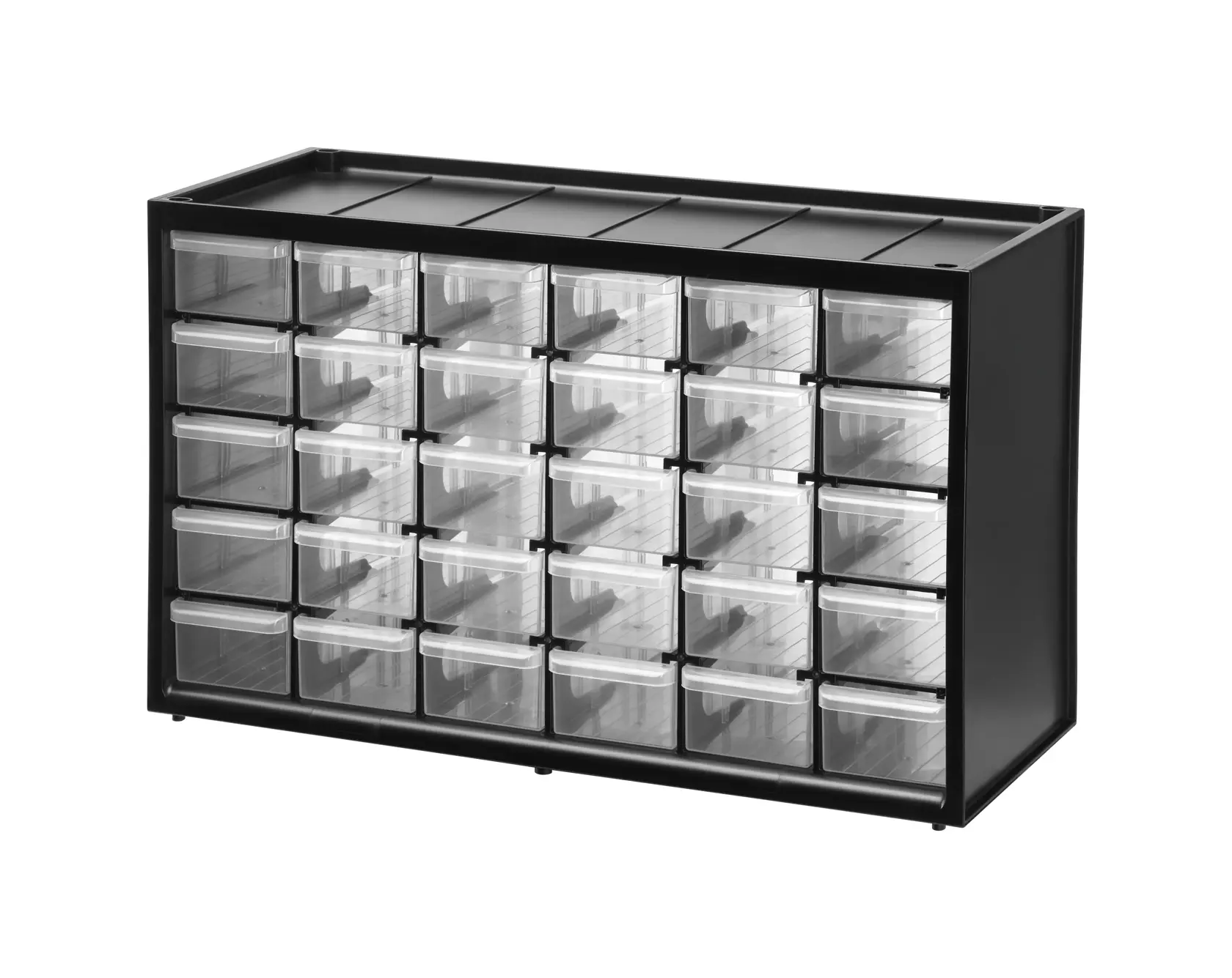 Black storage organizer with 30 clear plastic drawers for small parts, ideal for workshops or craft areas.
