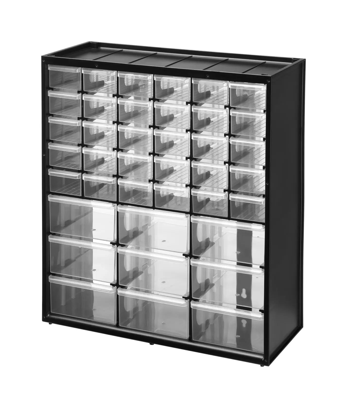 STANLEY 1-93-981 black plastic storage organizer with 30 small and 9 large clear drawers, front angle.