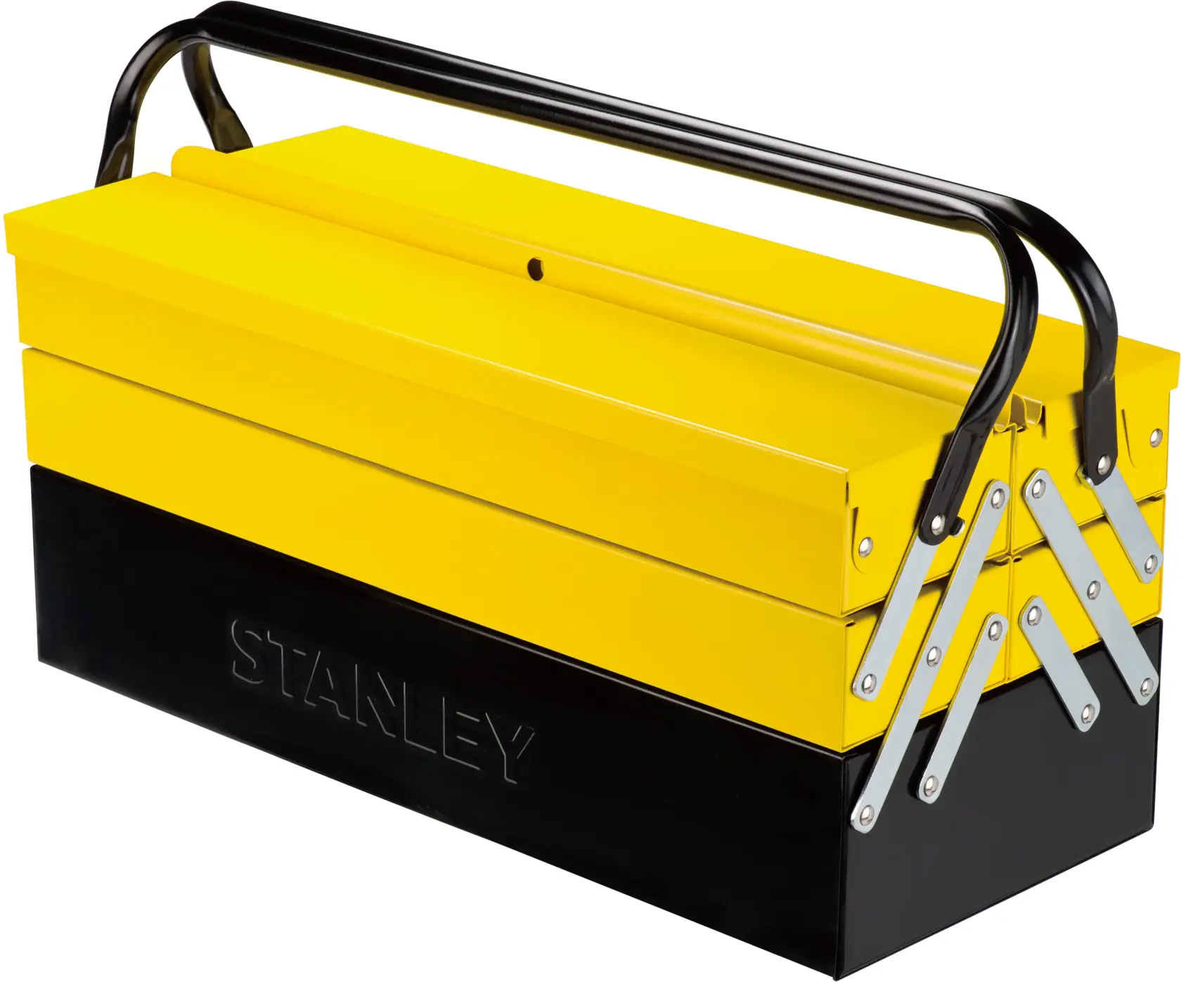 STANLEY 1-94-738 metal toolbox with yellow lid, black base, and foldable handle, angled side view.