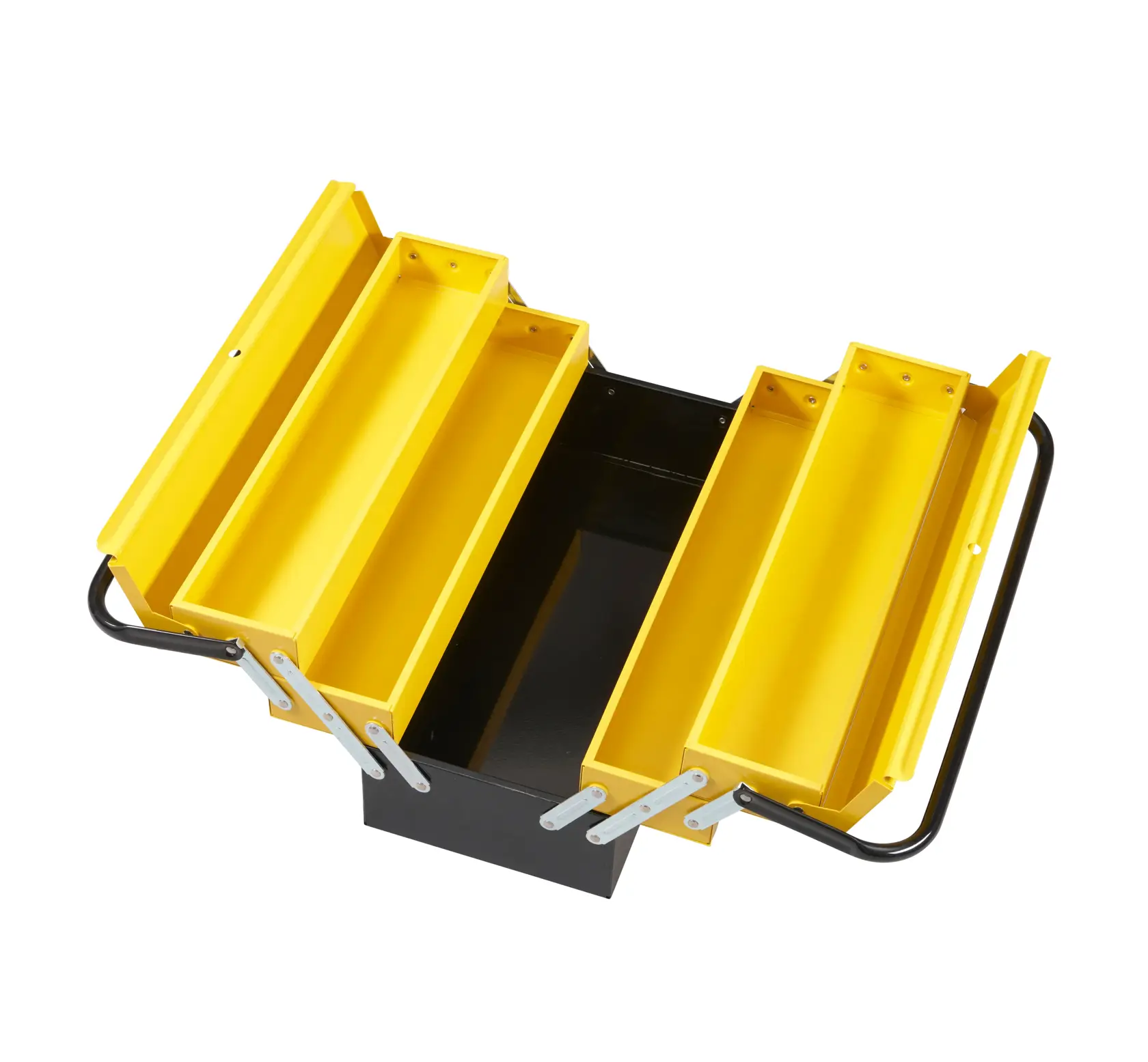 STANLEY 1-94-738 metal cantilever toolbox with yellow trays, open top view, photography product.