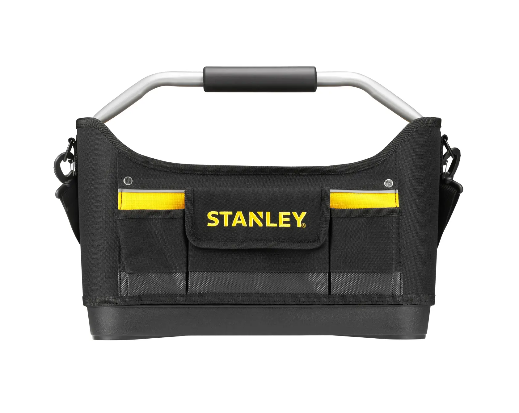 STANLEY 1-96-182 black and yellow open tool bag with handle, photographed from the front on white background.