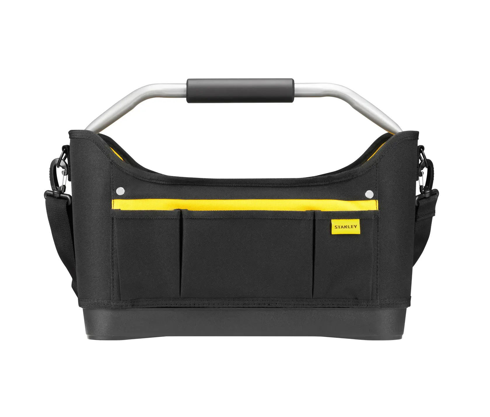 STANLEY 1-96-182 open tool bag with black fabric, yellow trim, metal handle, and front pockets, front view.