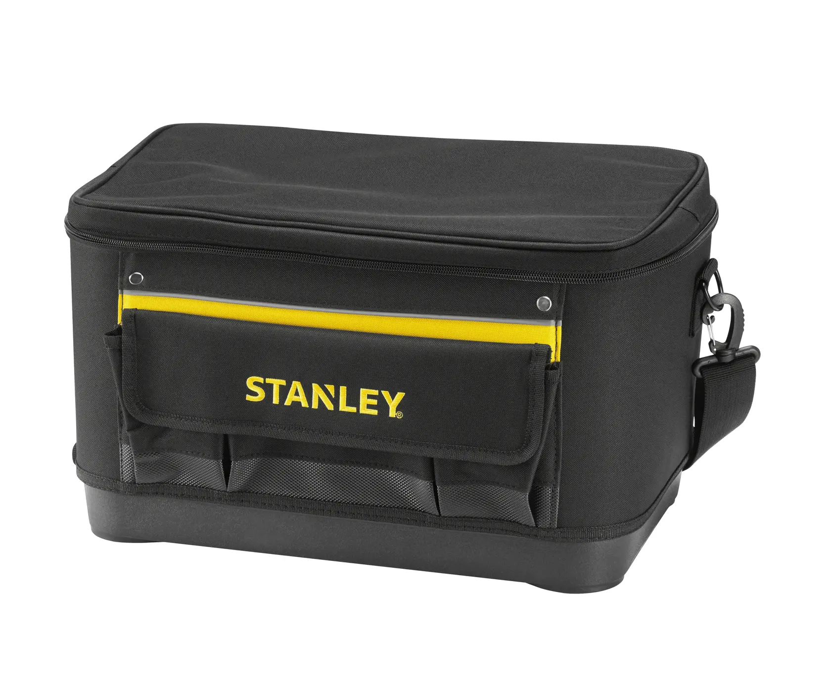 STANLEY 1-96-193 black tool bag with yellow accents and front pockets, front angle on white background.