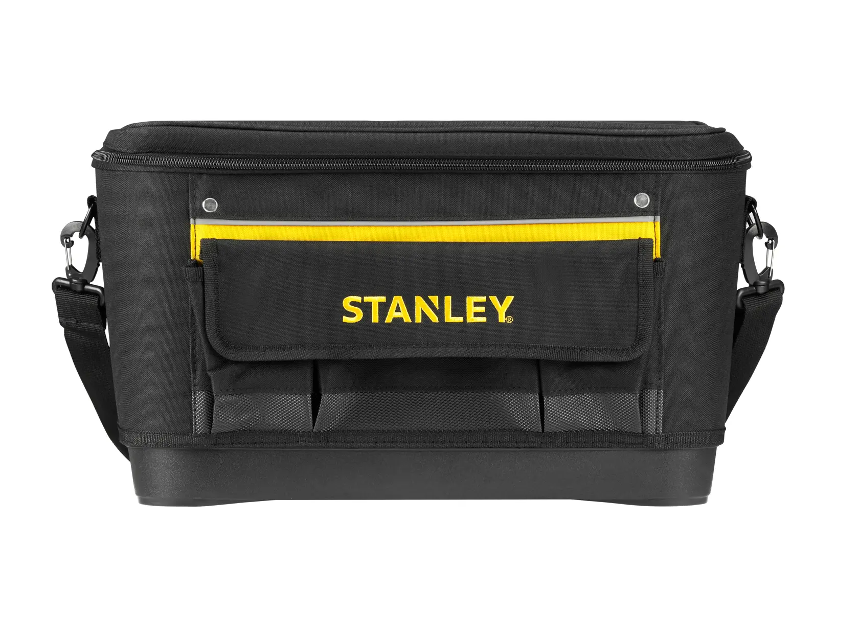 STANLEY 1-96-193 tool bag, black fabric with yellow accent, front view, zippered top and adjustable shoulder strap.