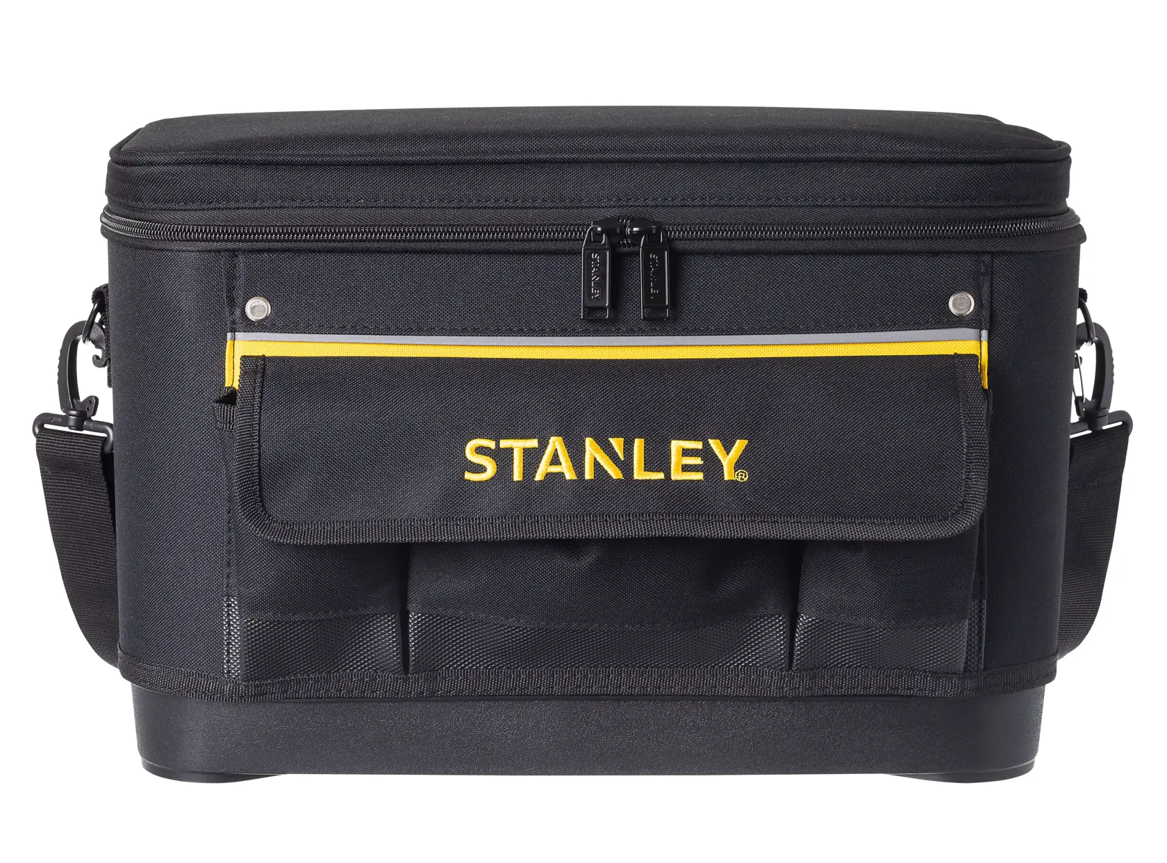 STANLEY 1-96-193 tool bag, black with yellow trim, front angle, zippered top, shoulder strap.