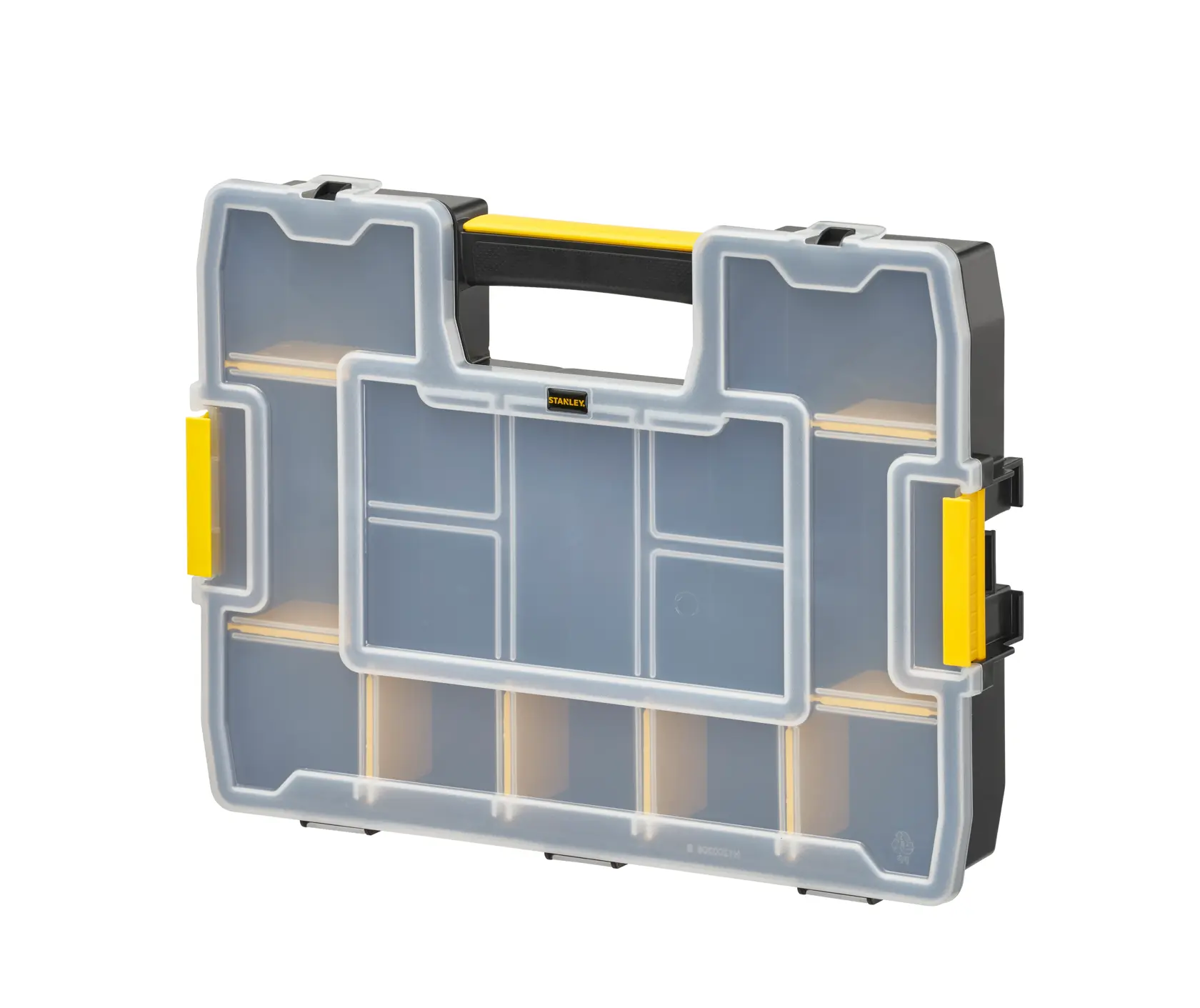 STANLEY 1-97-483 organizer with clear lid, yellow latches, black handle, shown at front angle on white background.