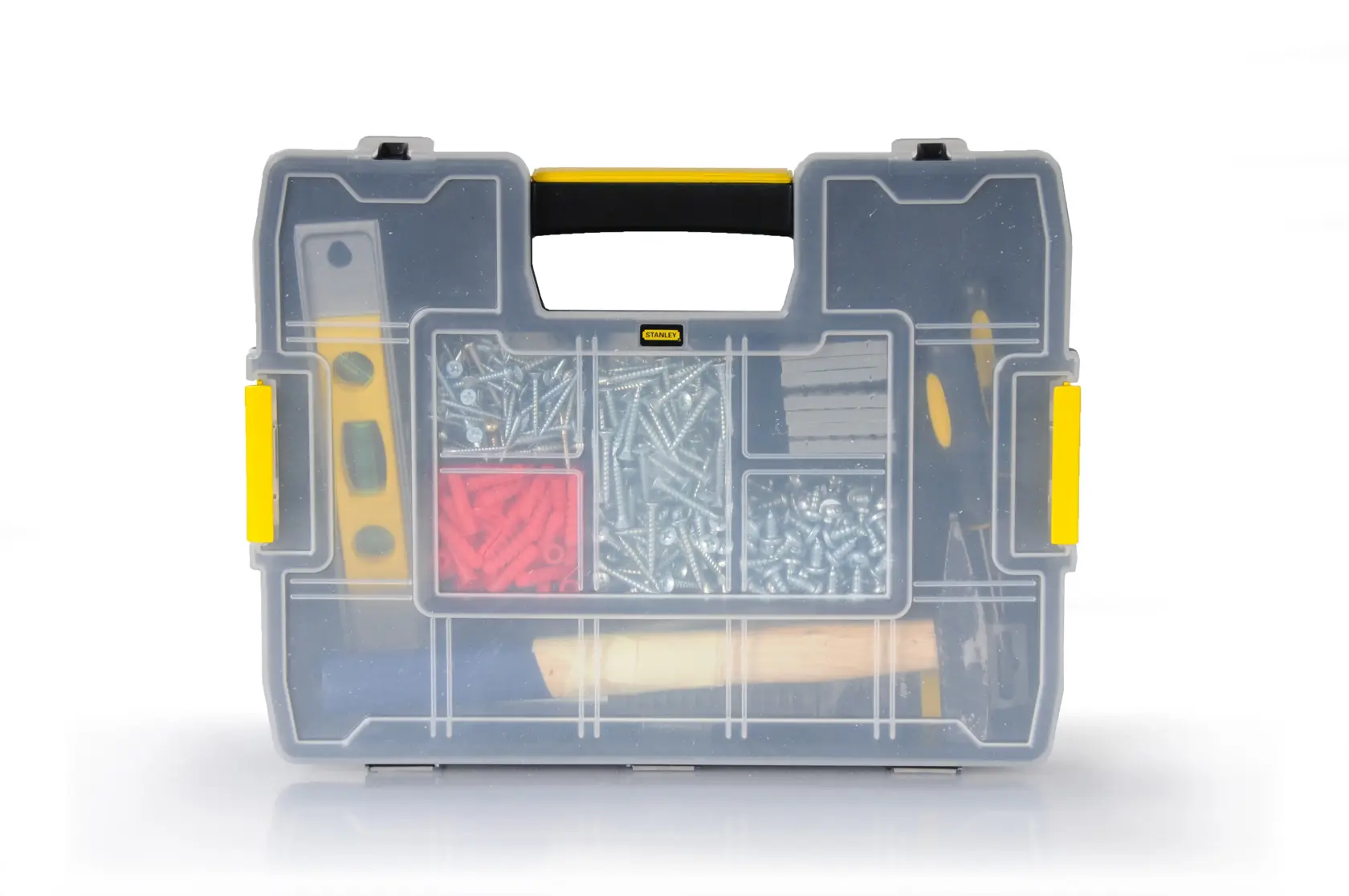 STANLEY 1-97-483 organizer case with transparent lid, showing compartments with screws, anchors, and small tools, front view.
