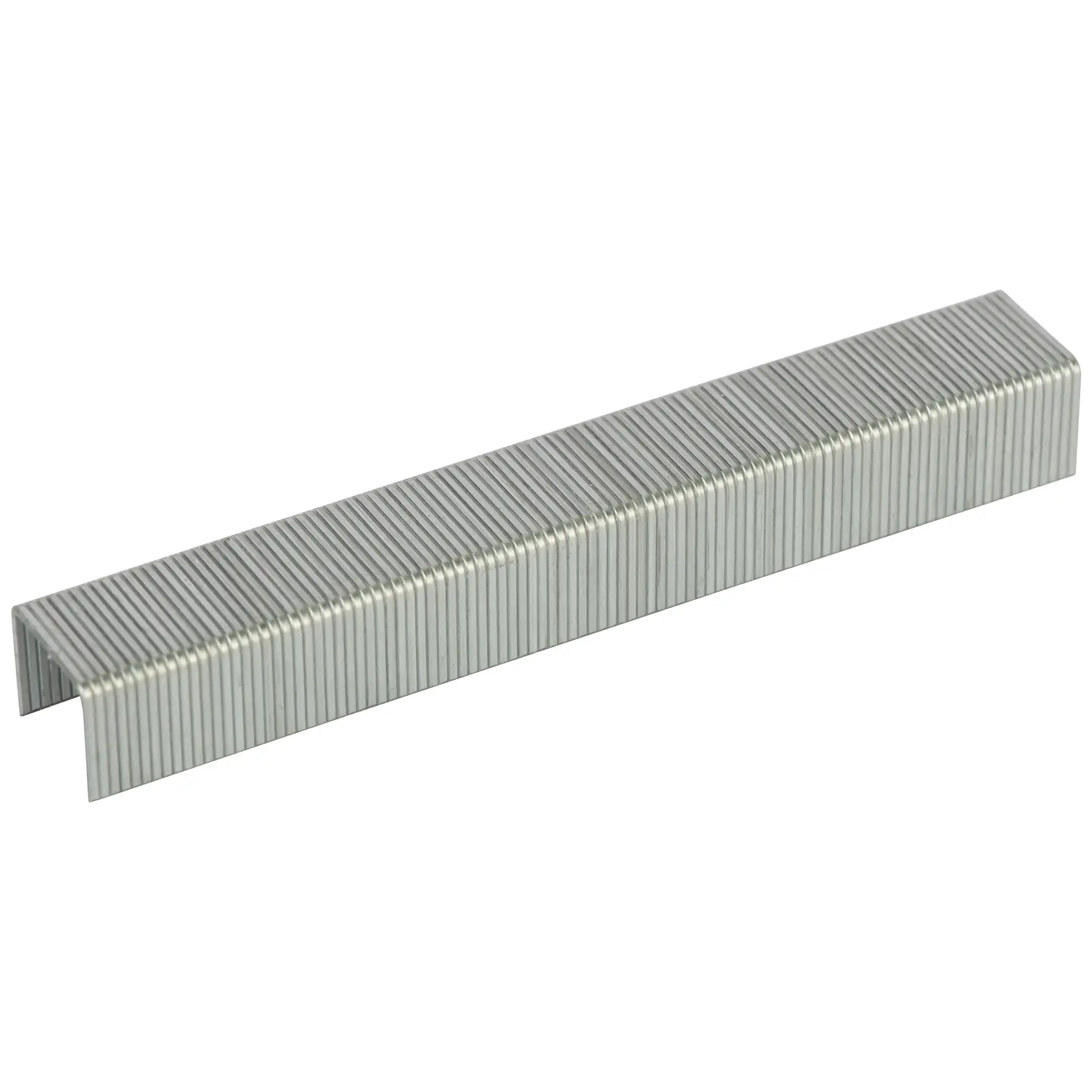 STANLEY 1-TRA206T silver staples strip, close-up angle on white background, photography product category.