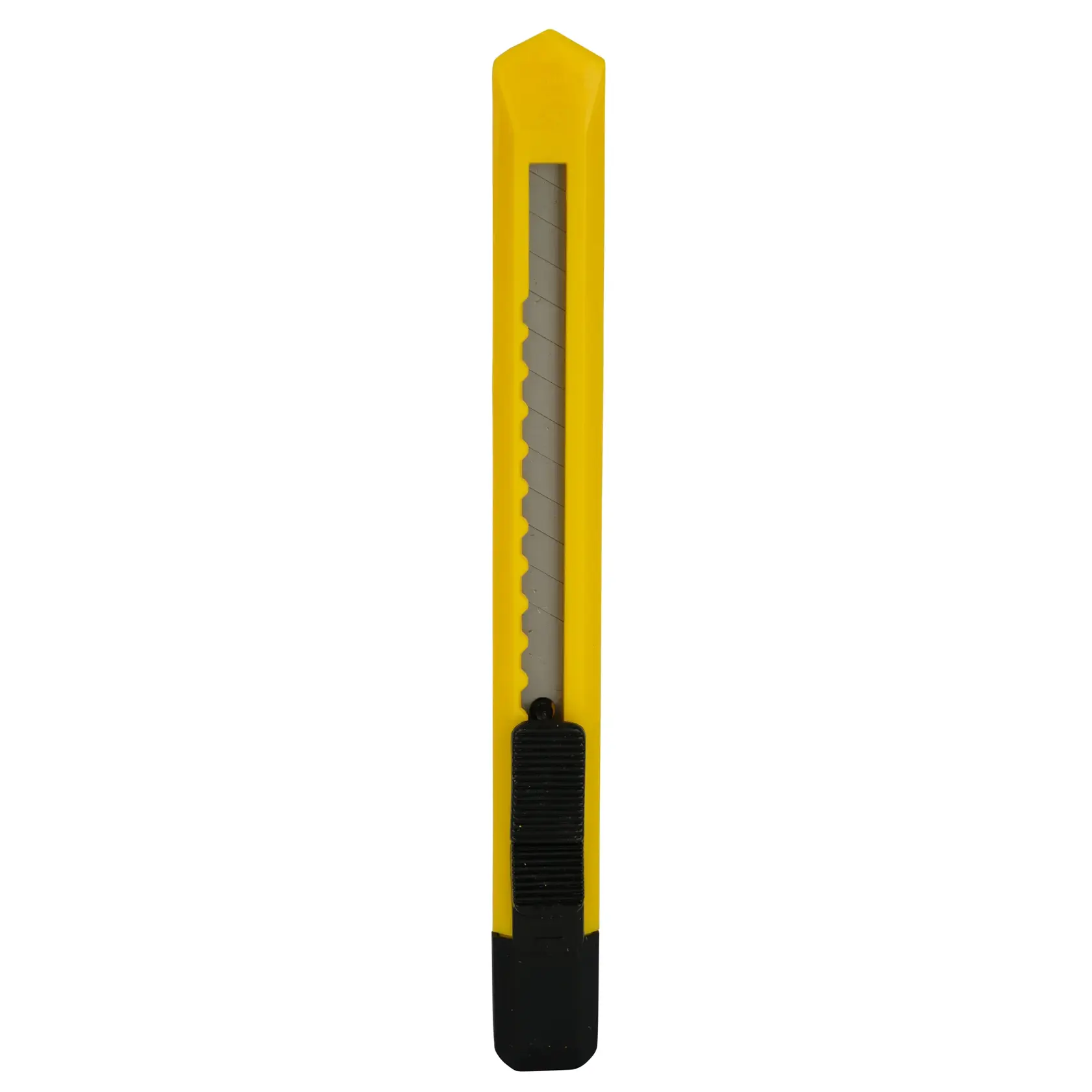STANLEY 10-131-S snap-off utility knife with yellow and black handle, straight-on angle, white background.
