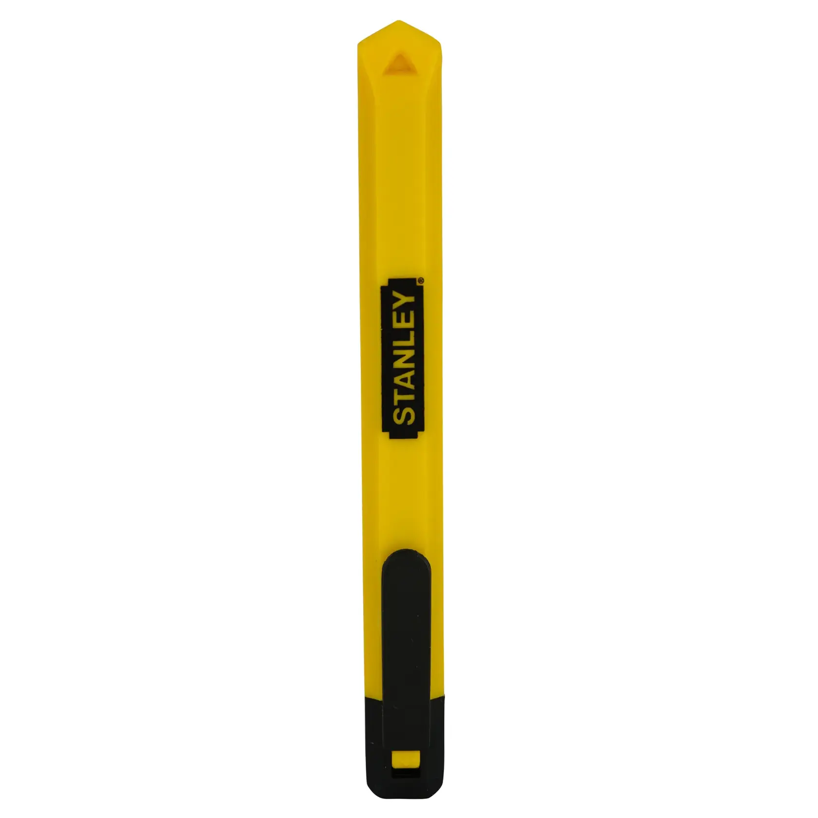 STANLEY 10-131-S yellow utility knife with black clip, front angle, photography product.