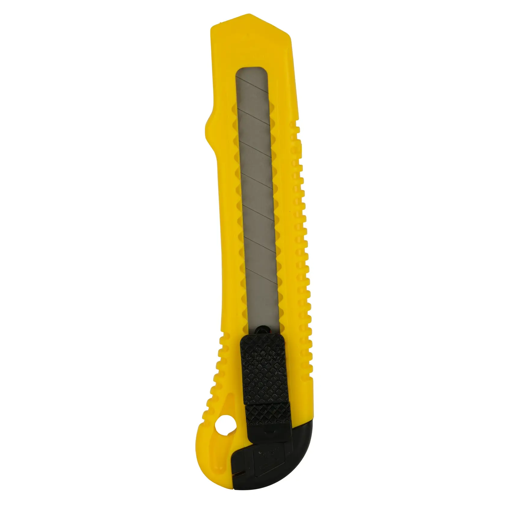 STANLEY 10-143-S utility knife with yellow and black plastic handle, retractable segmented blade, front angle