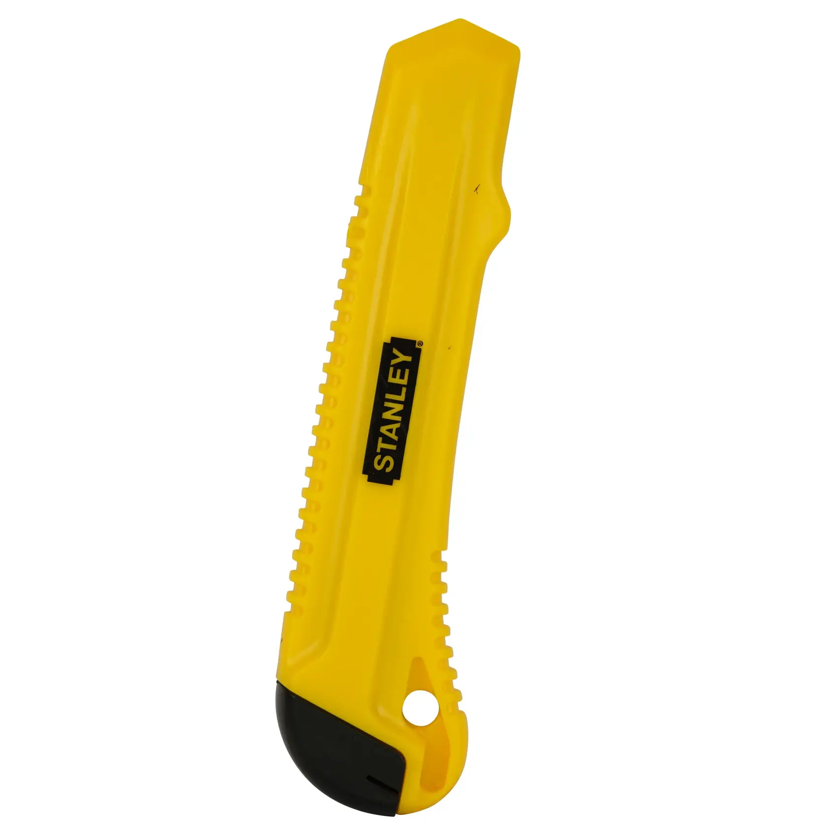 STANLEY 10-143-S yellow utility knife, side angle on white background, black end cap, ergonomic handle.
