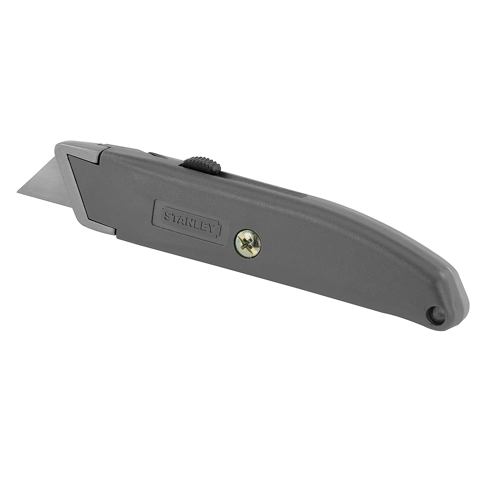 STANLEY 10-175 utility knife, gray metal body, exposed blade, left-side product angle on white background.