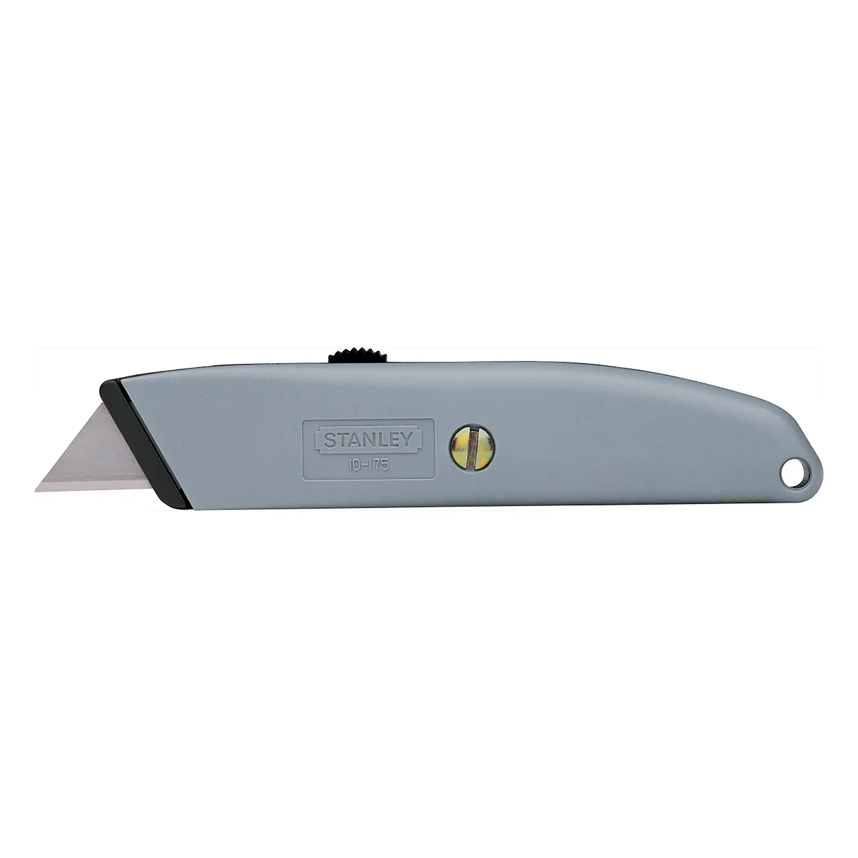 STANLEY 10-175 silver utility knife, left side view, with visible blade and screw on metal handle.