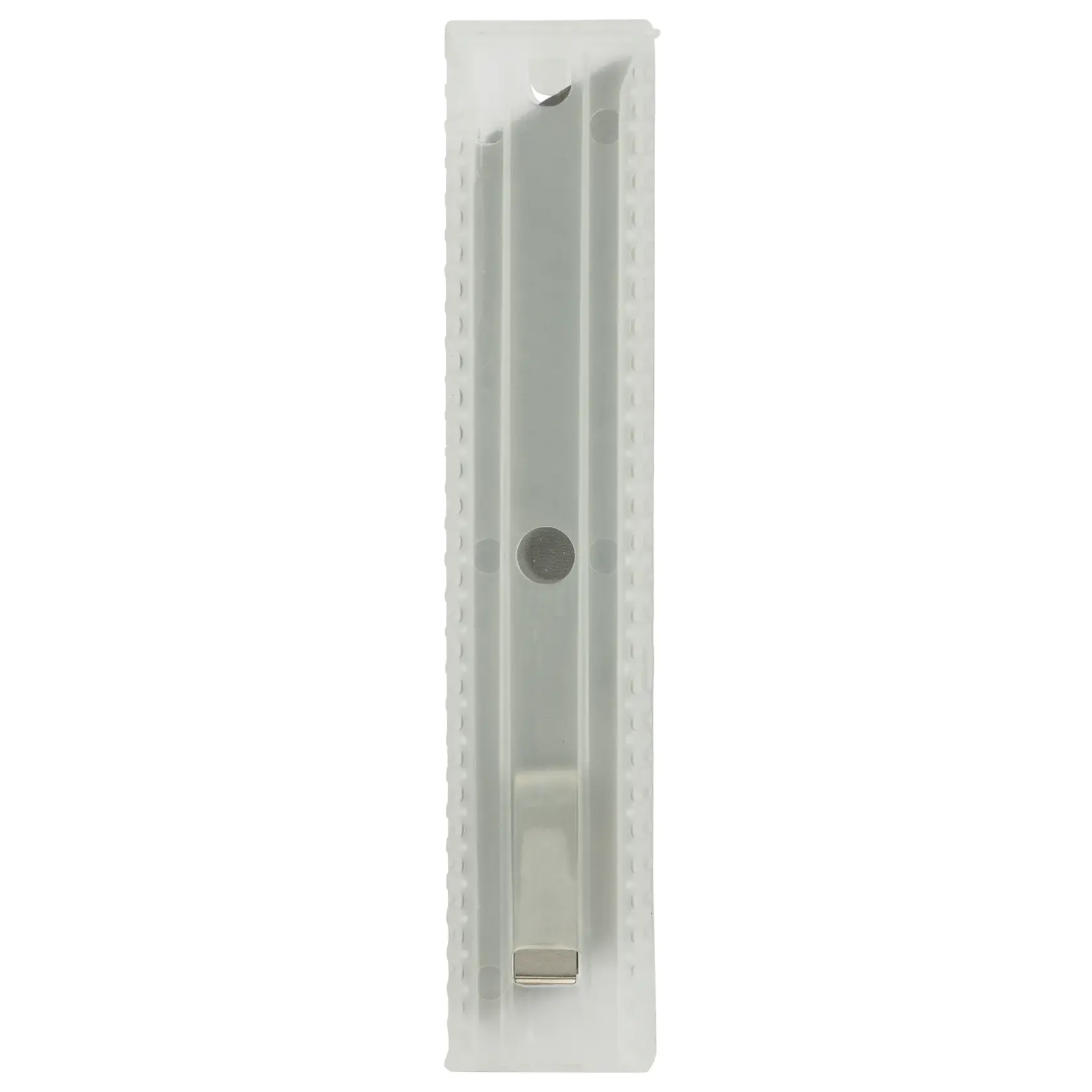 STANLEY 11-301H utility knife blades in translucent plastic case, front angle, photography.