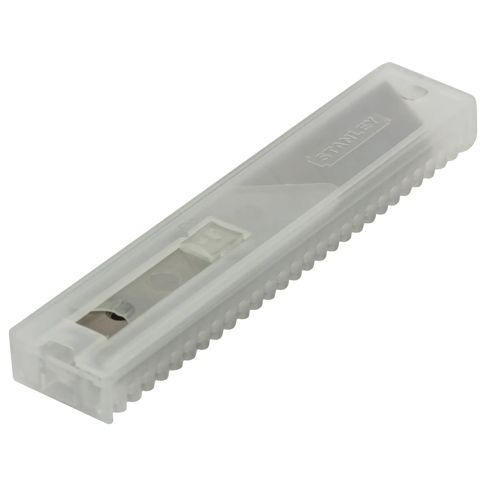 STANLEY 11-301H utility blade pack in a transparent plastic case, angled view.