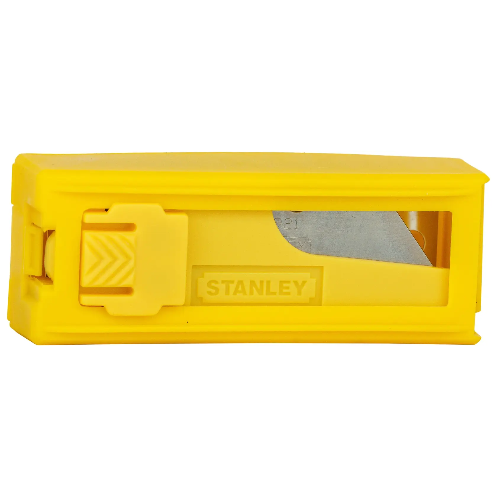 STANLEY 11-921H yellow utility blade dispenser, rectangular, front angle, with exposed blade slot.