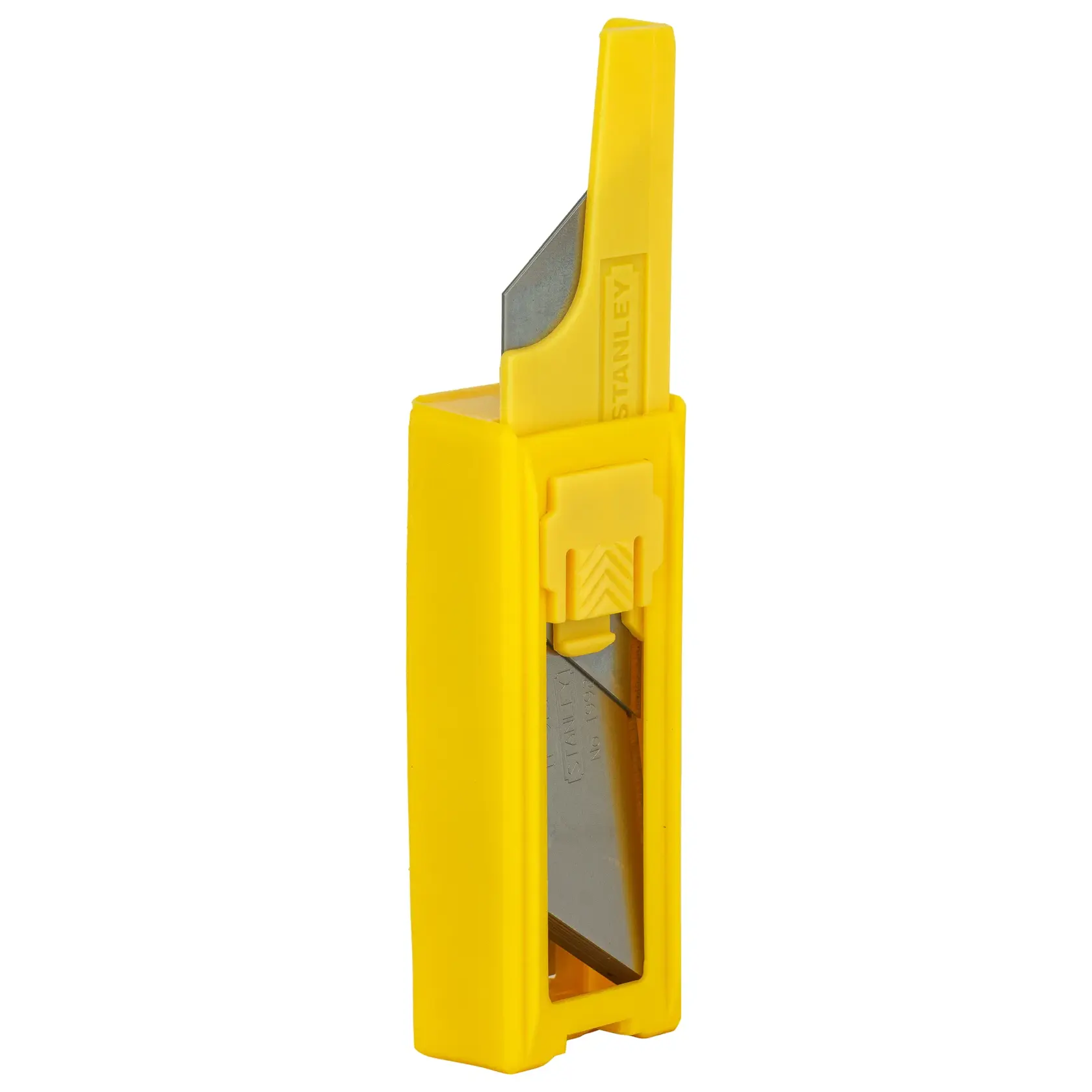 STANLEY 11-921H utility knife blade dispenser, yellow plastic case, shown at slight angle on white background.