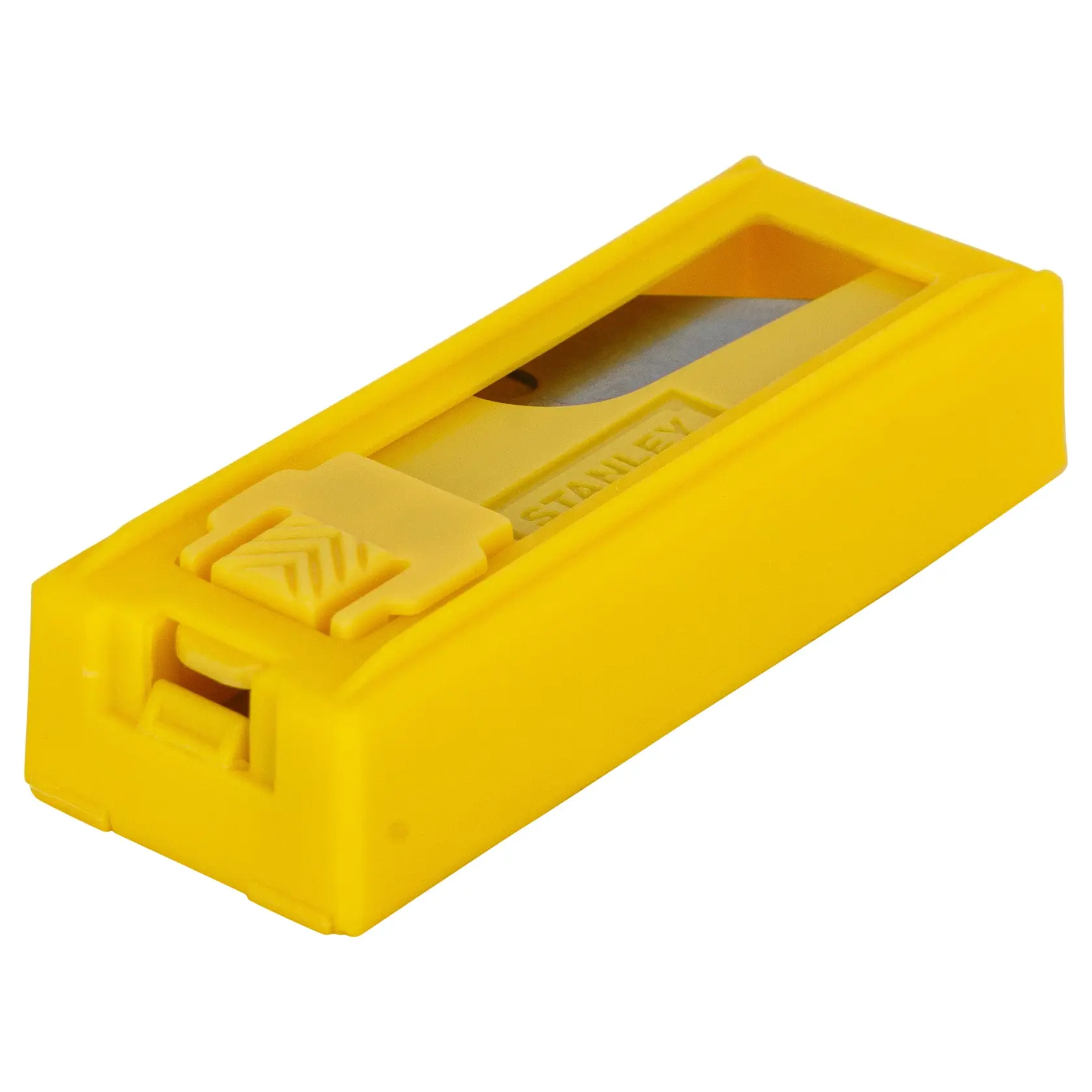 STANLEY 11-921H utility blade dispenser, bright yellow plastic, angled view, blade visible inside.