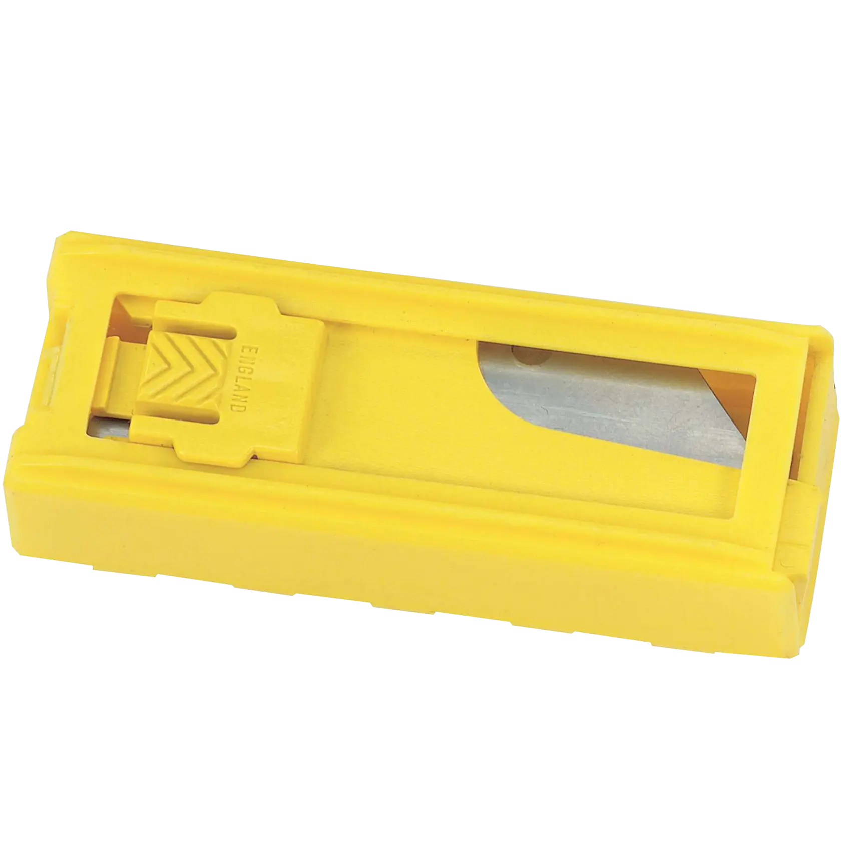 Stanley yellow utility blade dispenser, side angle, showing refillable blades in plastic case.