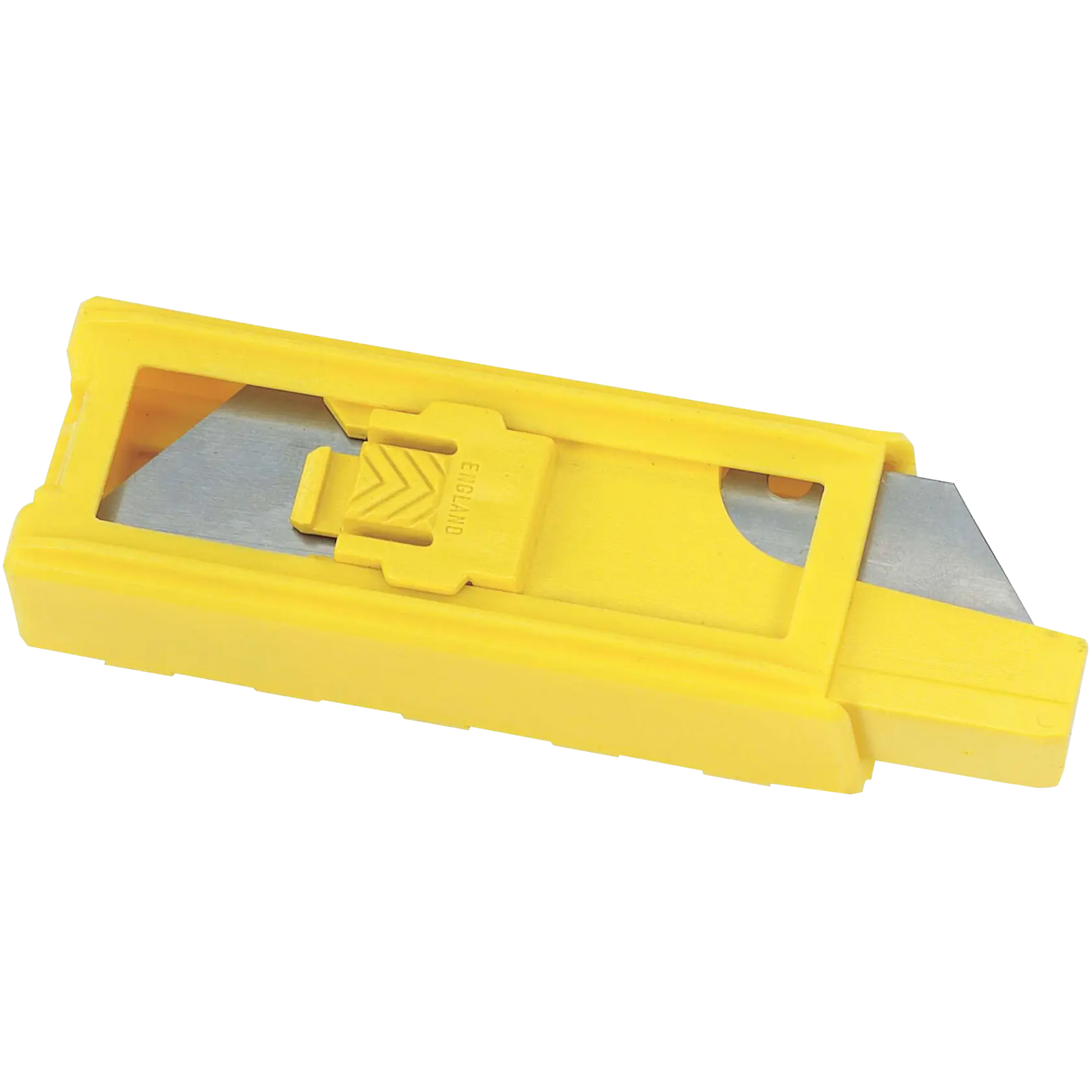 Stanley yellow plastic utility blade dispenser with visible metal blades, angled side view on white background.