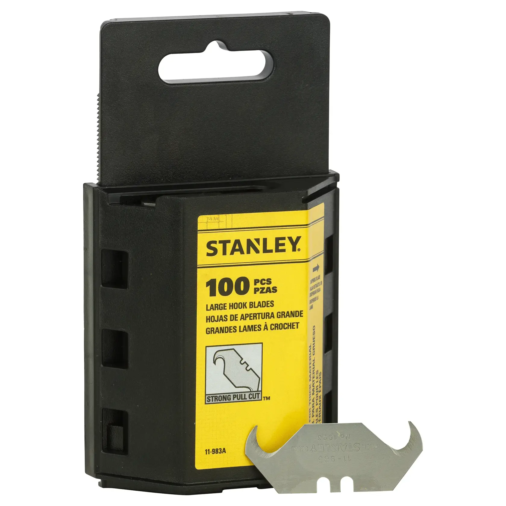 Photo of STANLEY 11-983A large hook blades, 100-piece pack in black dispenser, with one blade displayed in front, angled view.