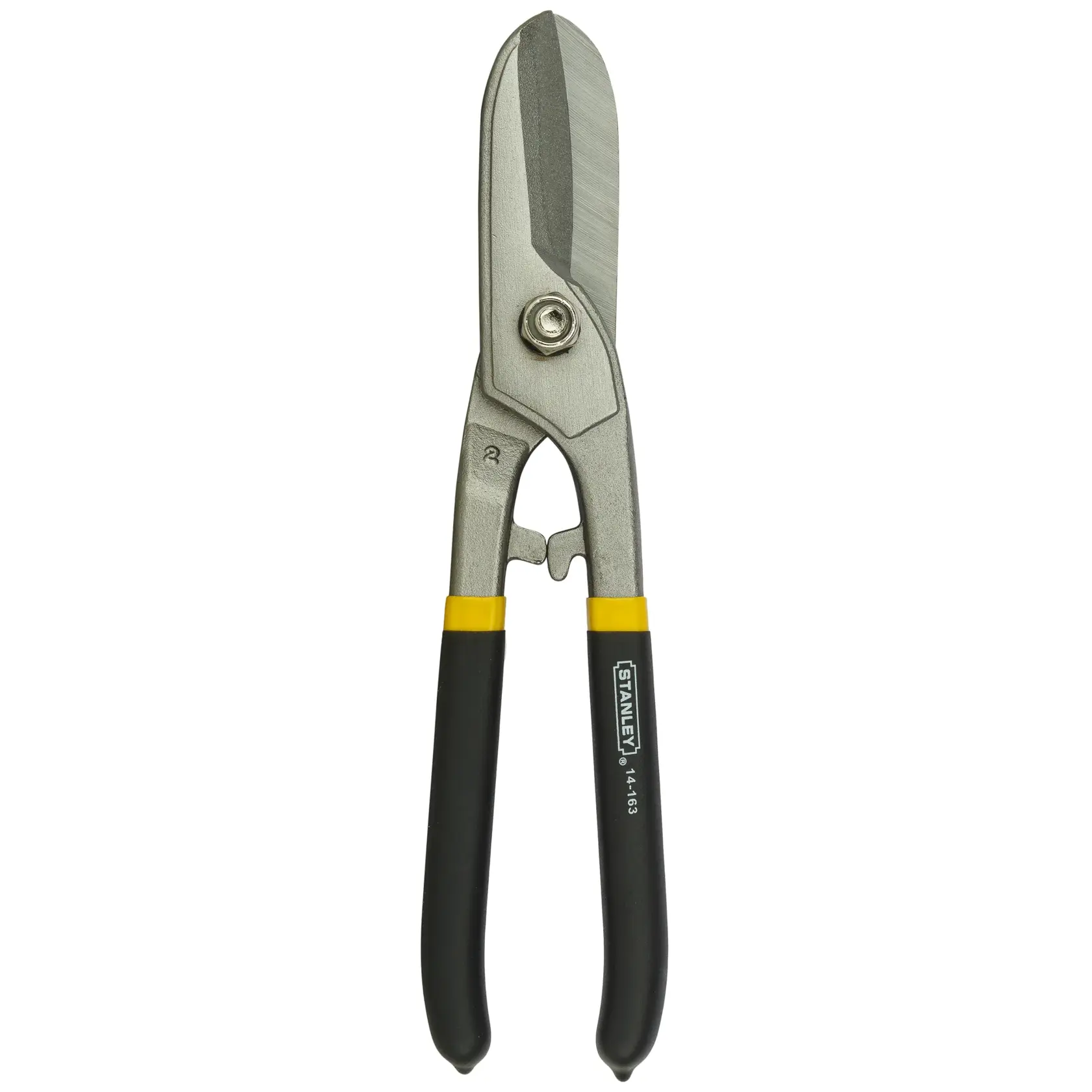 Stanley metal snips with black and yellow handles for cutting sheet metal. Model 14-163.