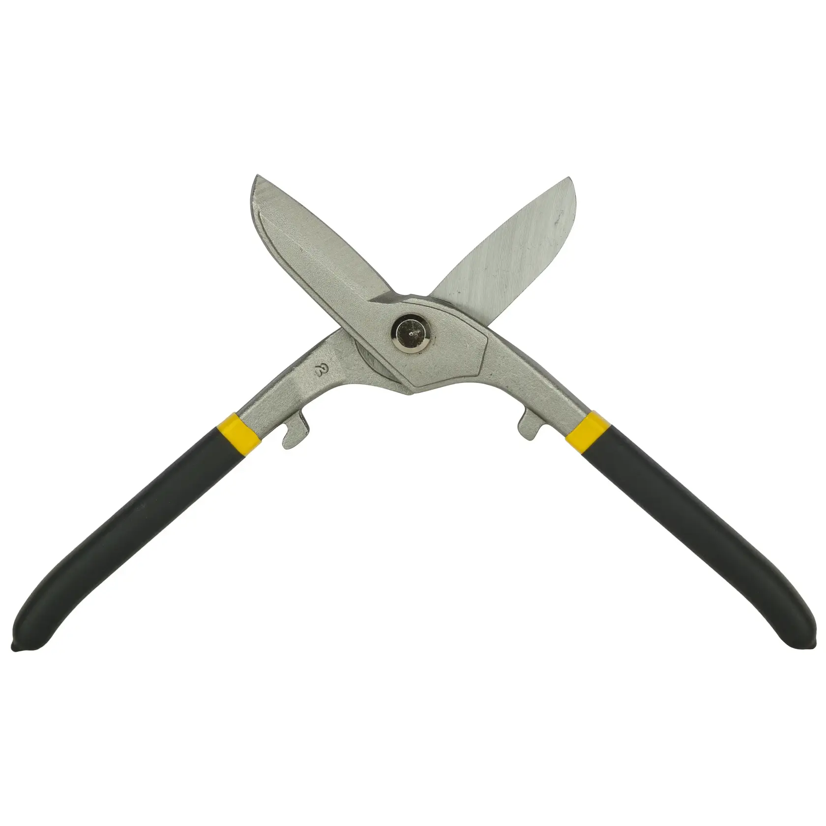 A pair of metal shears with black and yellow handles, opened and facing upwards on a white background.
