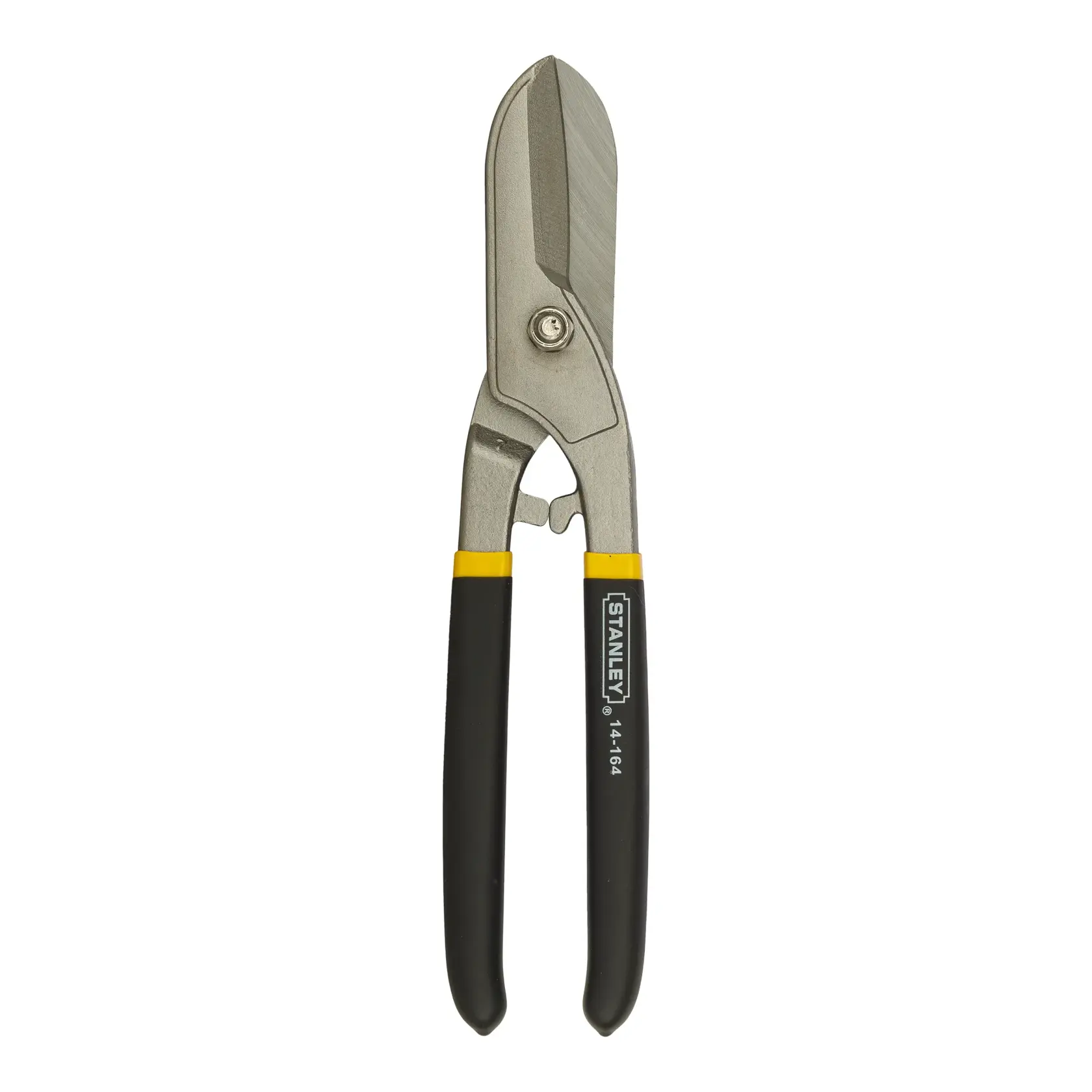 Stanley 14-164 aviation snips with black and yellow handles, used for cutting sheet metal.