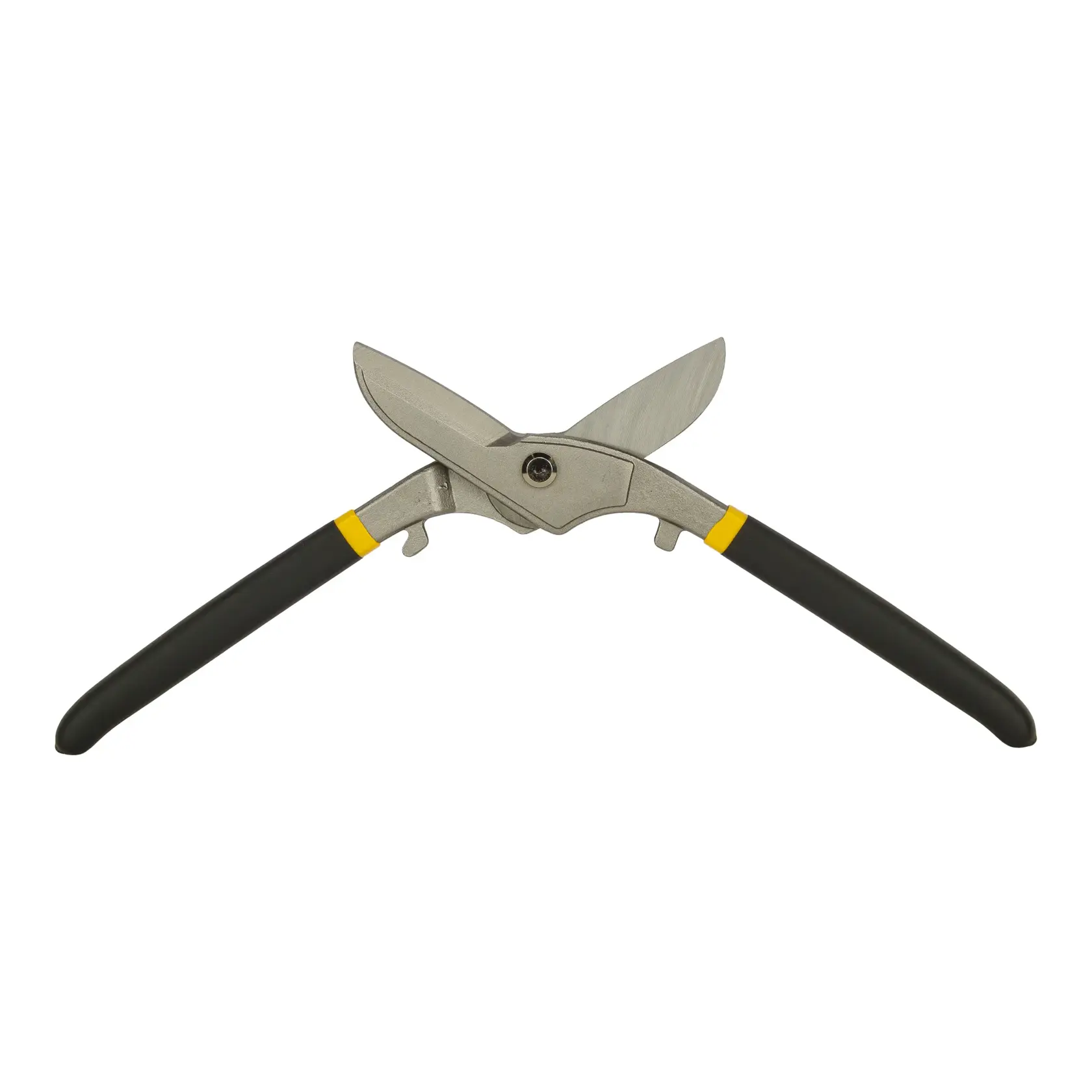 Stanley hand pruner with black and yellow handles, silver blades, used for cutting small branches.