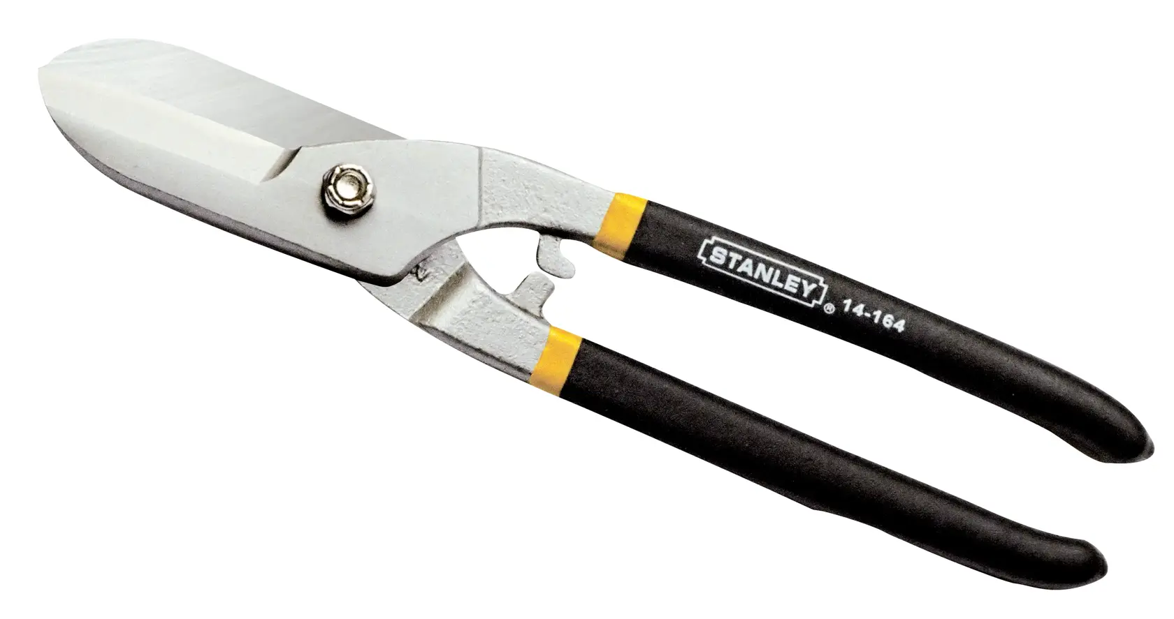 STANLEY 14-164 straight cut tin snip with black and yellow handles, angled product view.