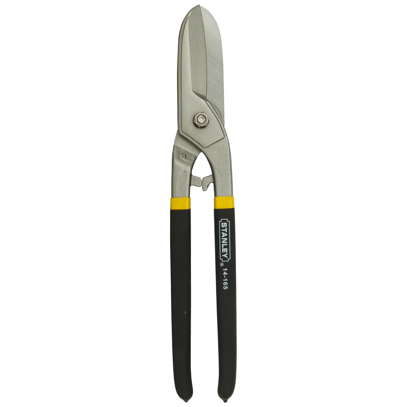 Stanley 14-165 tin snips with black and yellow handles, used for cutting sheet metal.