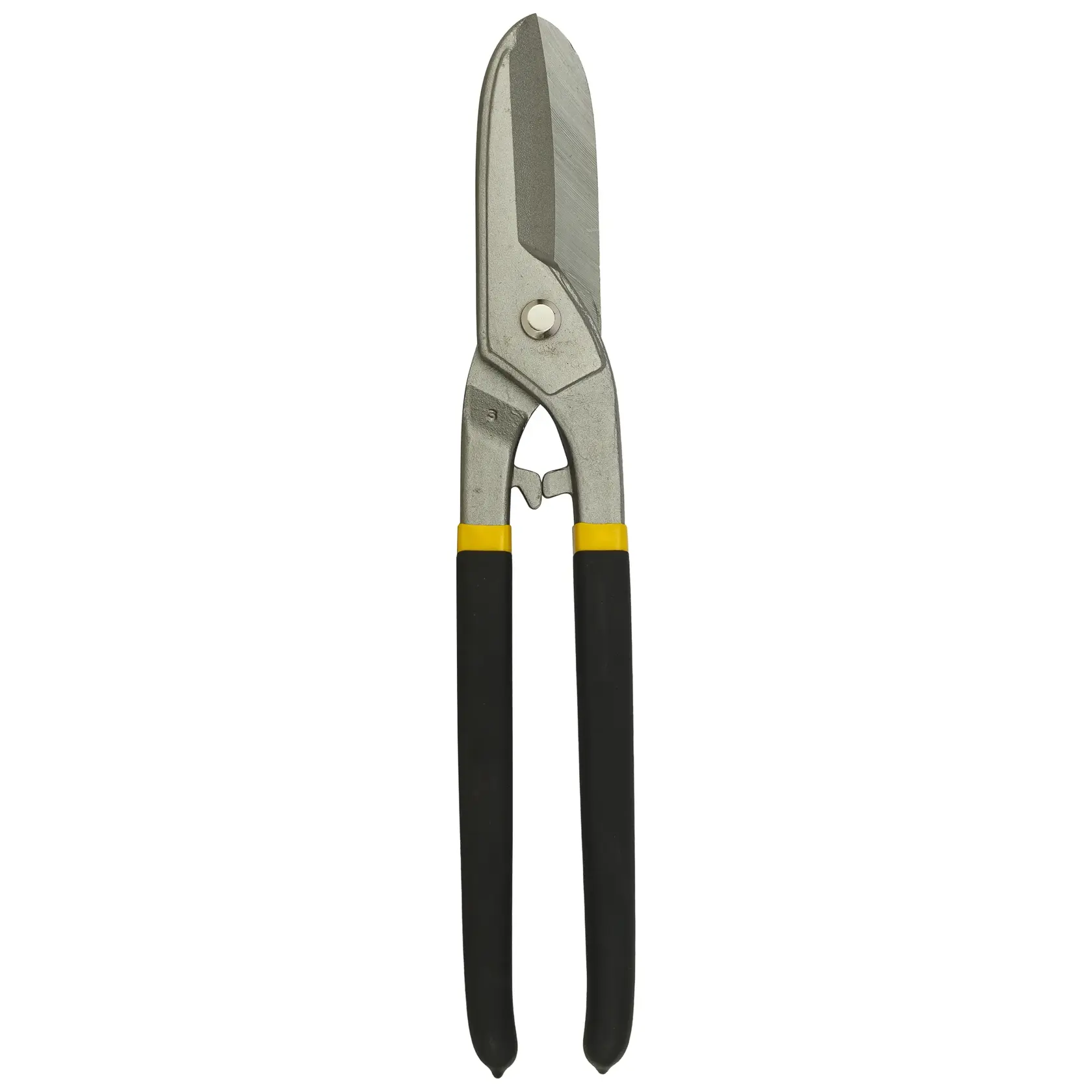Stanley metal-cutting tin snips with black and yellow handles, shown on a white background.