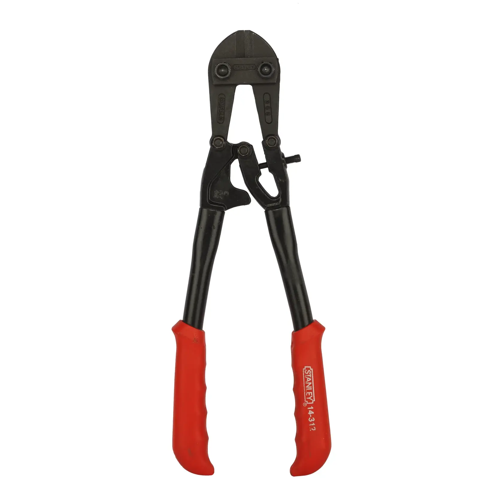 Stanley bolt cutter with black jaws and red handles, used for cutting thick wires or bolts.