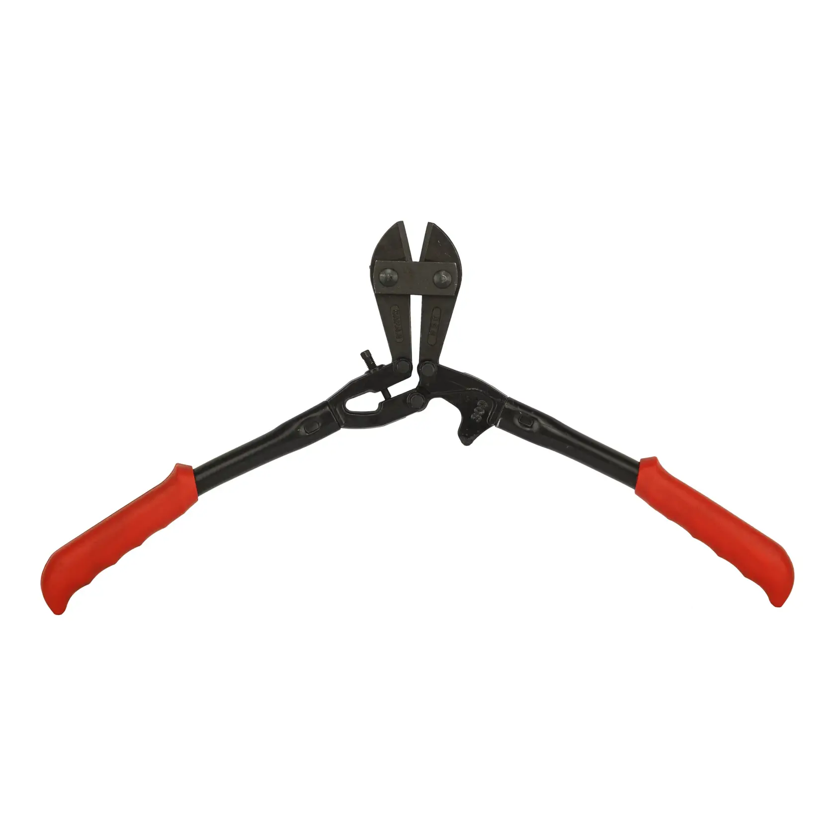 Heavy-duty bolt cutter with red handles, suitable for cutting thick wires or bolts.