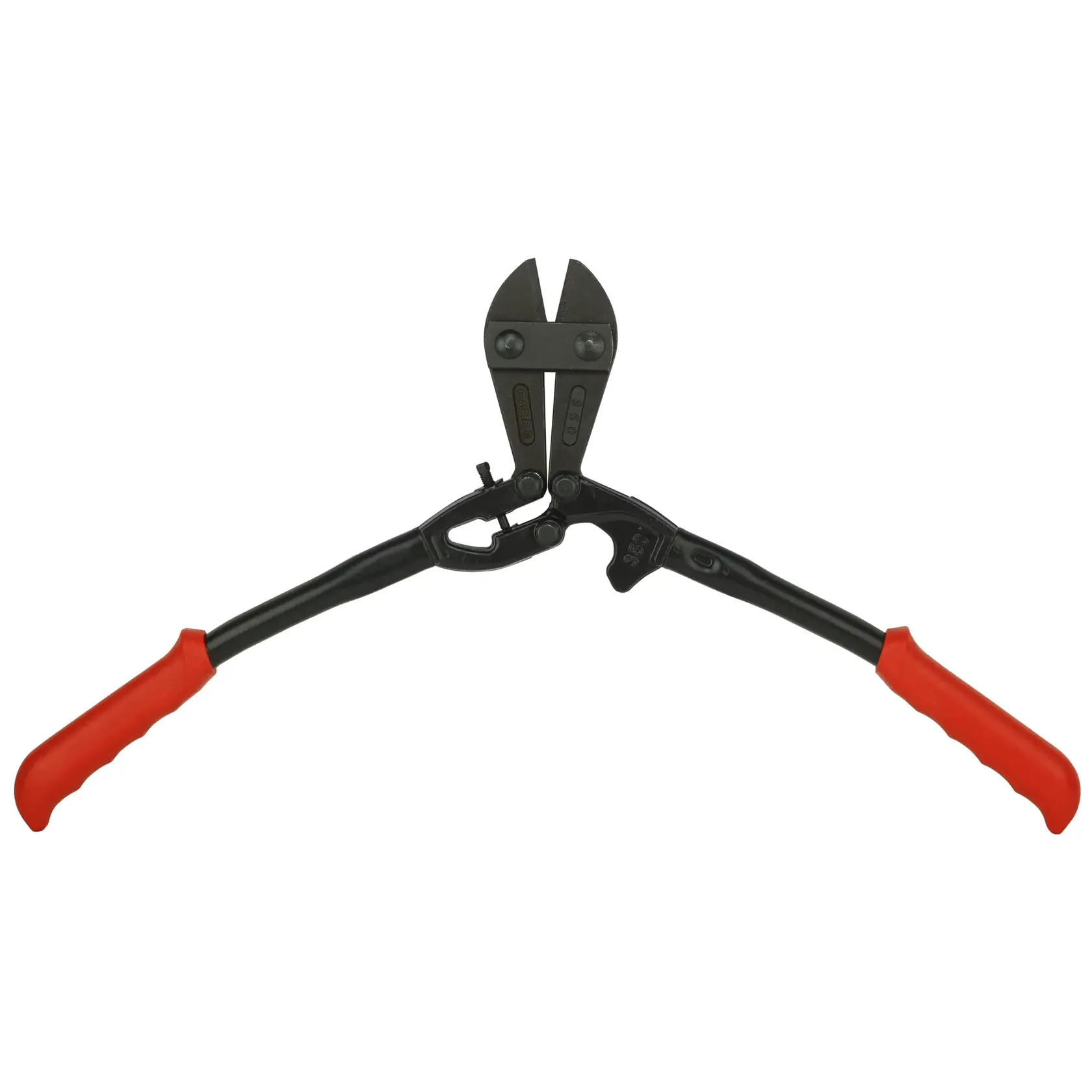 STANLEY 14-314-23 bolt cutter with black jaws and red handles, front angle, photography product.