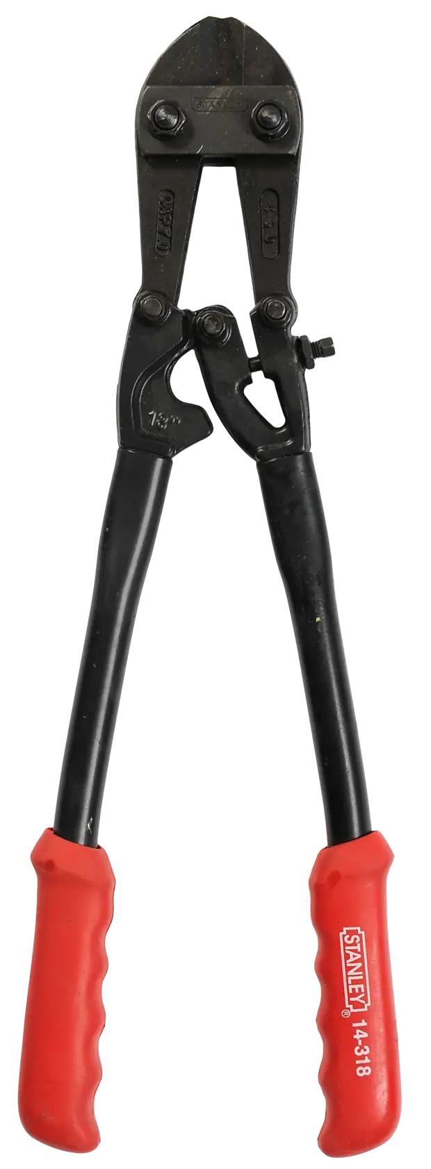 Stanley bolt cutter with black metal jaws and red handles, suitable for cutting tough materials like chains or bolts.