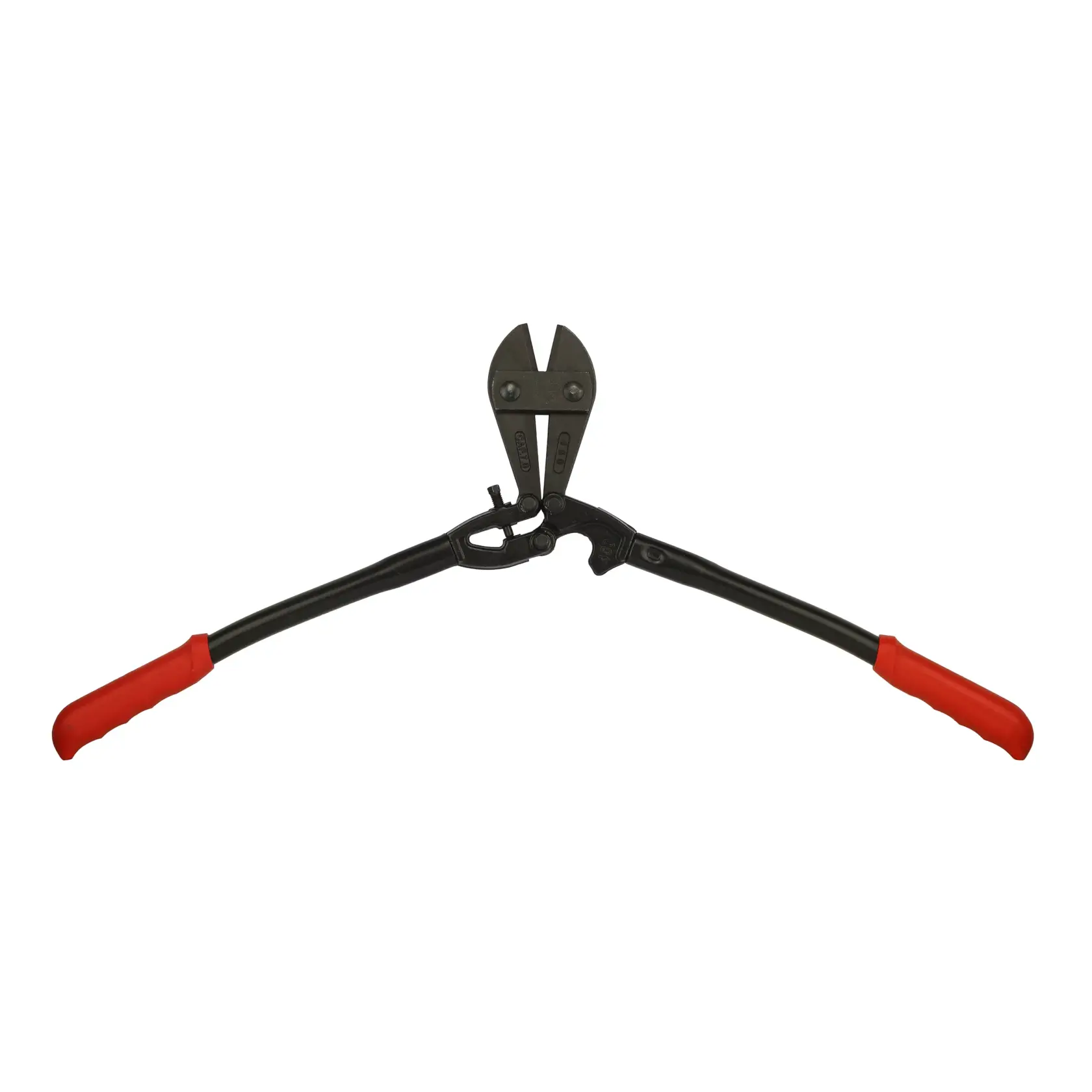 Heavy-duty bolt cutter with black body and red handles, suitable for cutting metal rods or chains.