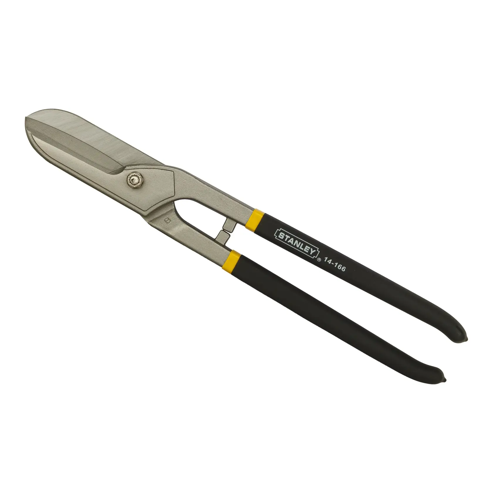 STANLEY 15-166-22 aviation snip with straight blades, black and yellow handles, angled on white background.