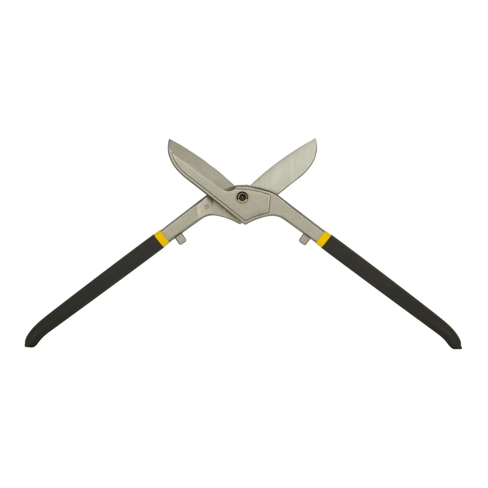 STANLEY 15-166-22 garden hedge shears with black and yellow handles, side view on white background.